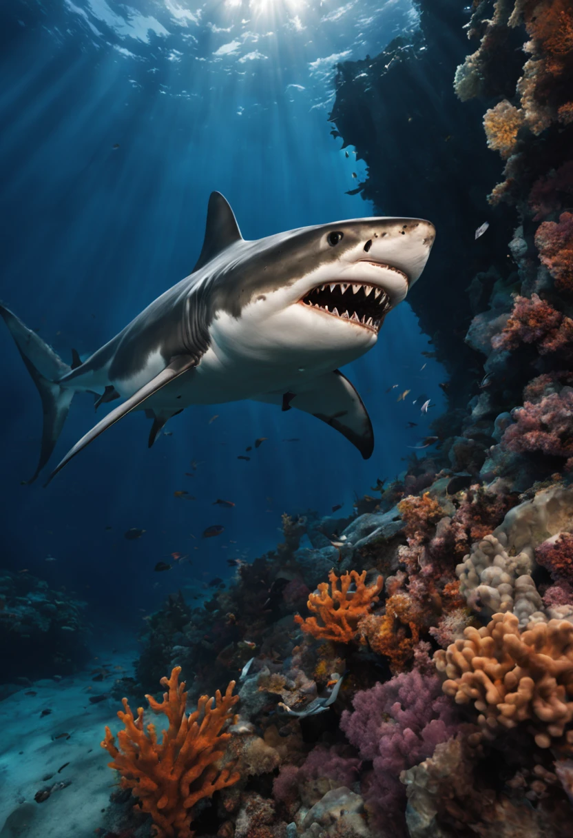 (best quality,4k,8k,highres,masterpiece:1.2),ultra-detailed,(realistic,photorealistic,photo-realistic:1.37),professional,underwater photography,shark emerging from a cave deep in the ocean,deep sea exploration,marvelous underwater world,dark blue water,sunlight piercing through the water,shimmering rays of light,underwater rock formations,coral reefs in the distance,diver with scuba gear,capturing the moment,crystal clear visibility,huge menacing shark,fierce predator with sharp teeth,ominous presence,strong and powerful creature,graceful and agile movements,shark's sleek and streamlined body,glistening scales,translucent caudal fin,sharp and piercing eyes,cautious and watchful gaze,drops of water splashing around,soft currents gently swaying seaweed,vibrant and colorful marine life,peaceful and serene atmosphere,dramatic underwater landscape,thrilling and awe-inspiring,perfectly timed shot.