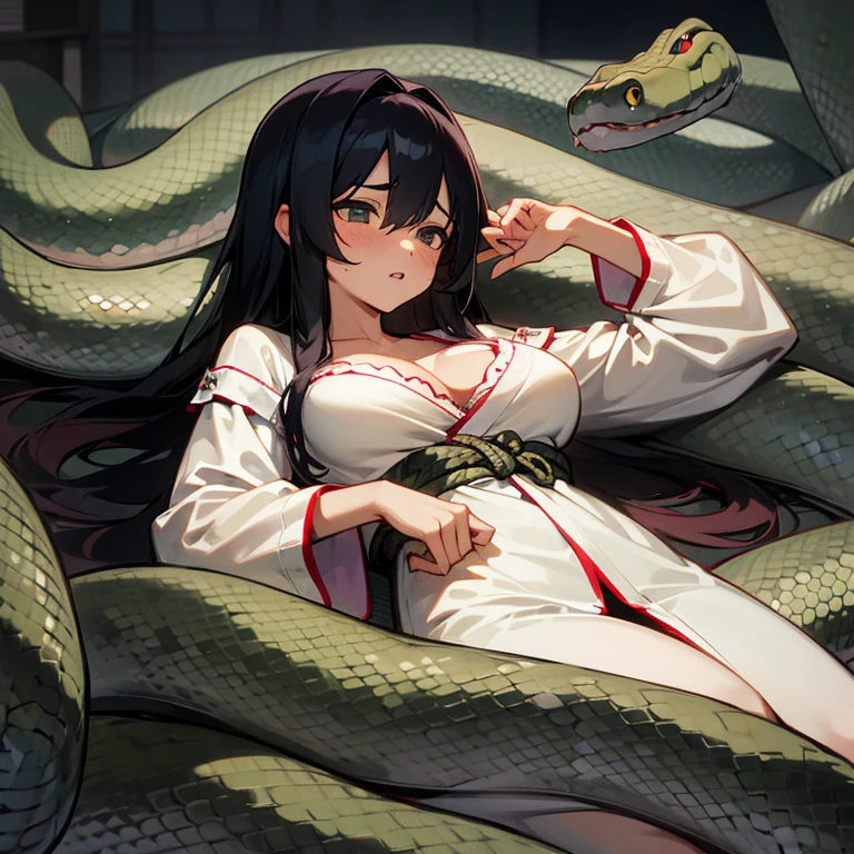 girl lays on a bed, 1girl, solo, breasts, ,black hair, long hair ,((lying on back)), (pajamas), white pajamas, (Background: Bedroom with tatami mats), on the bed sheet, lying, on back, (large breasts), flustered, surprised, (upset:1.0), parted lips, sweat, (snakes 1.5), (anaconda), (big snake), (snake tail),pretty girl, (looking up:1.0), night, steam, best quality,detailed,high resolution,