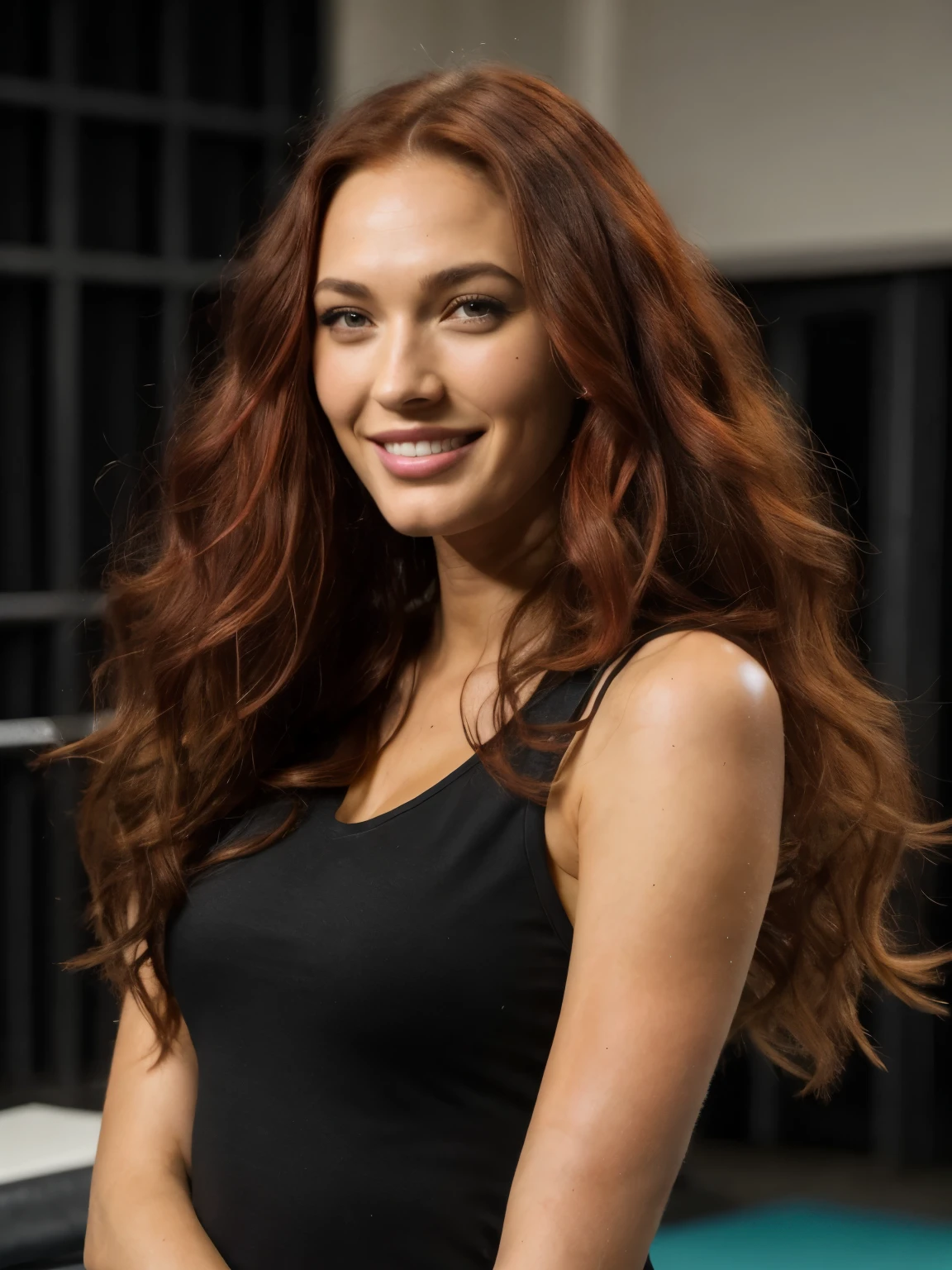 1 girl next door with coloured long red hair, Mix out of 5% Megan Fox and 15% Gal Gadot and 20% Blake Lively, 172cm height, 68kg weight, soft curly intense long red hair, intense green eyes, long dark black lashes, perfectly shaped dark black eyebrows, dark caramel tanned skin, slim and well-defined body, curvy body, elegant thin nose, small ears, full lips, white teeth, small soft ladylike hands, painted fingernails, 
wearing a long black cotton hoody and long black cotton pants,

high resolution, masterpiece, best quality, intricate high detail, highly detailed, sharp focus, detailed skin, realistic skin texture, real skin texture, realistic texture, professional, real life, ultra-realistic, photorealism, photography, realistic photography, UHD, photo RAW,

in modern gym,

smiling,

powerful mood,

full body photography
