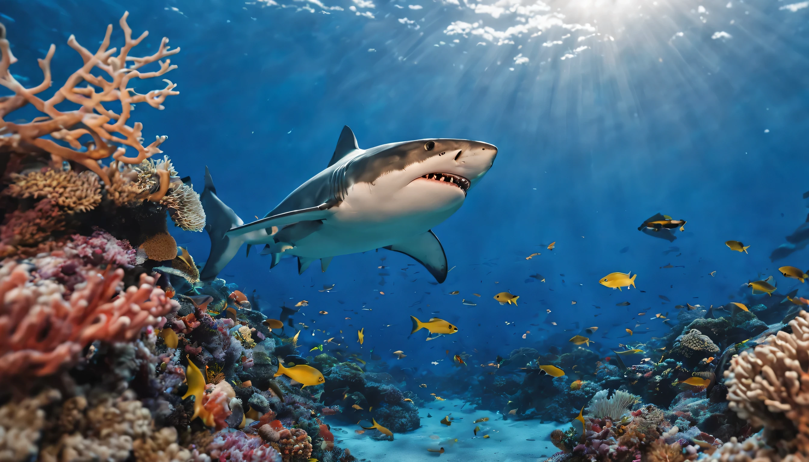 (ultra-detailed),(masterpiece),8k,(a shark),centered,tropical fishes,coral,water bubbles,(sharp focus),(gorgeous color grading),intricate,cinematic lighting,underwater photography,harmonious colors,happy,majestic,divine proportion