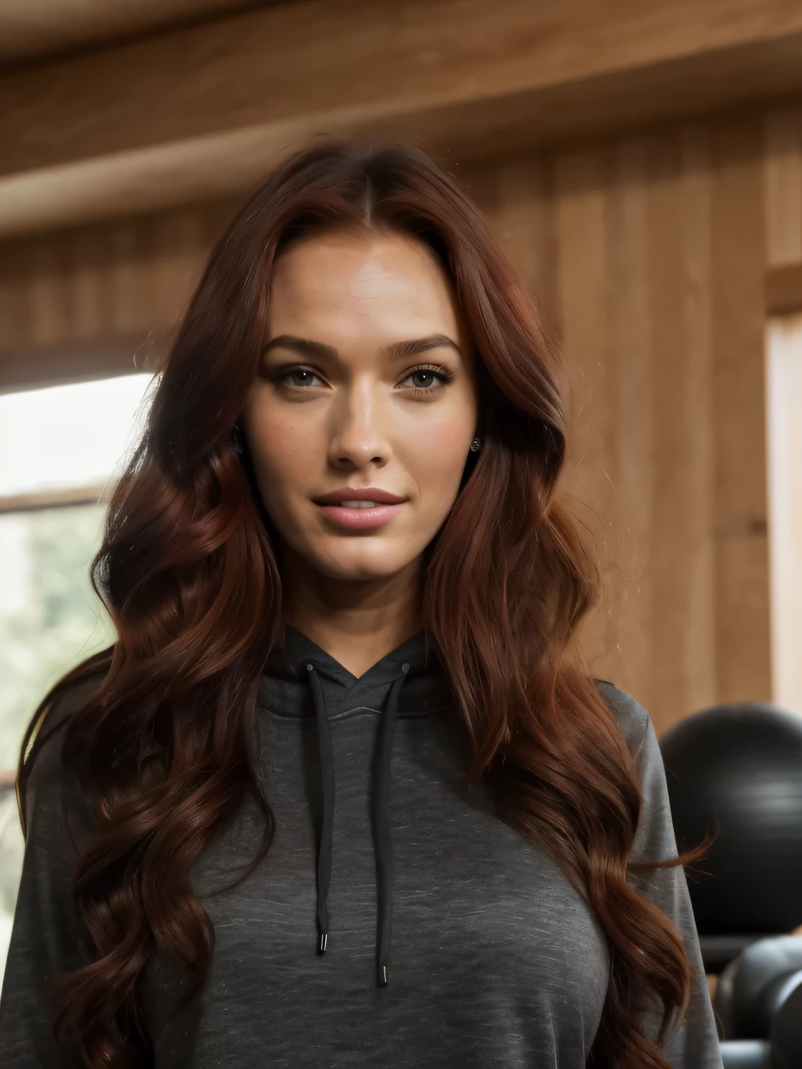 1 girl next door with dyed long red hair, Mischung aus 5% Megan Fox und 15% Gal Gadot und 20% Blake Lively, 172cm height, 68kg Gewicht, weiches, lockiges, intensiv langes rotes Haar, intense green eyes, lange dunkelschwarze Wimpern, perfekt geformte dunkelschwarze Augenbrauen, dunkle, karamellfarbene Haut, slim and well-defined body, curvy body, elegant thin nose, kleine Ohren, vollen Lippen, White teeth, kleine, weiche, ladylike hands, painted fingernails, 
wearing a long black cotton hoodie and long black cotton trousers,

high resolution, Meisterwerk, best quality, komplizierte hohe Detailgenauigkeit, Sehr detailliert, scharfer Fokus, detaillierte Haut, realistische Hautstruktur, echte Hautstruktur, Realistische Textur, Fachmann, wahres Leben, ultrarealistisch, Fotorealismus, Fotografie, realistic Fotografie, UHD, Foto RAW,

im modernen Tech-Gym-Training,

happy day,

kraftvolle Stimmung,

full body Fotografie
