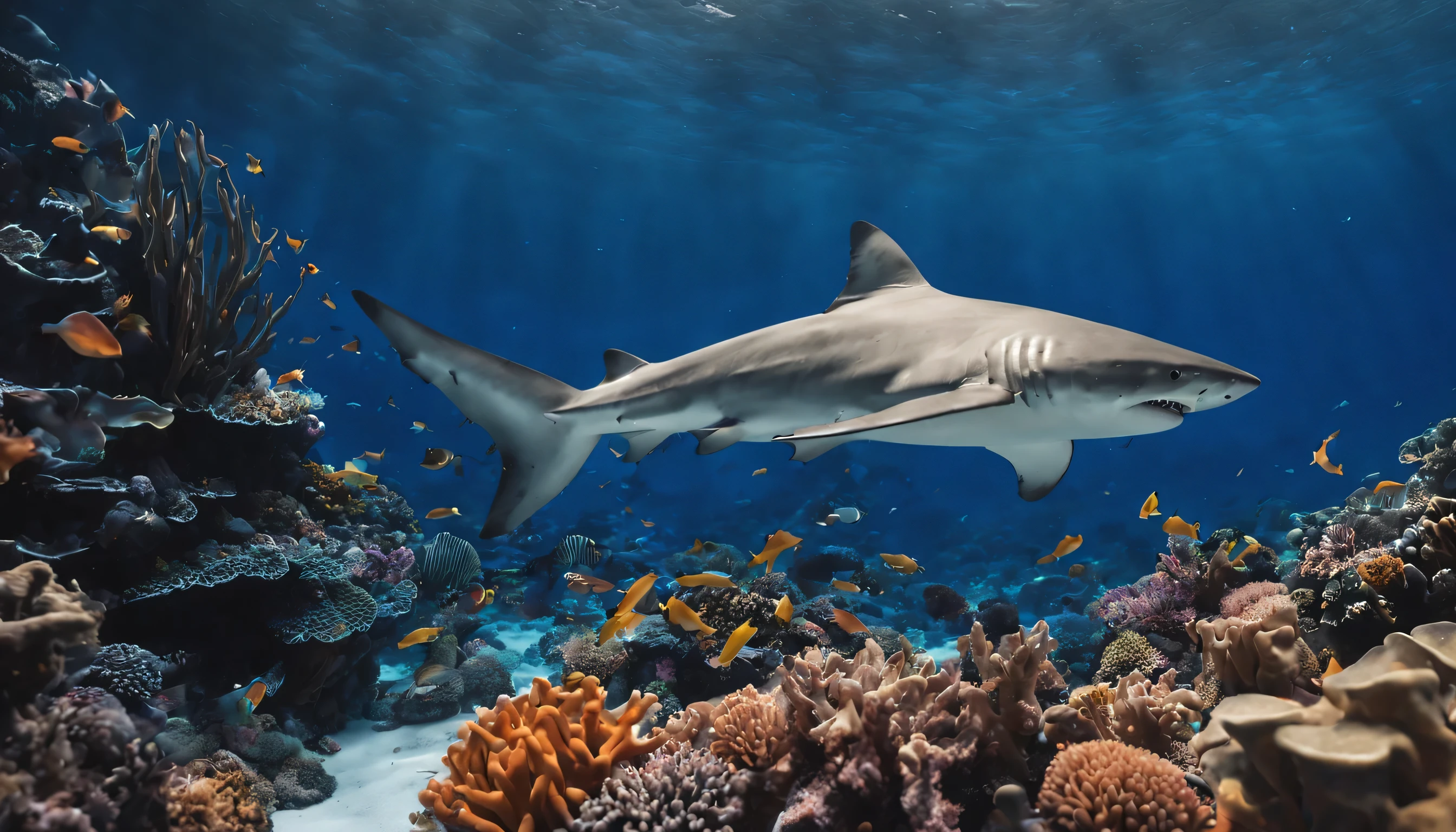 (ultra-detailed),(masterpiece),8k,(a shark),centered,tropical fishes,coral,water bubbles,(sharp focus),(gorgeous color grading),intricate,cinematic lighting,underwater photography,harmonious colors,happy,majestic,divine proportion