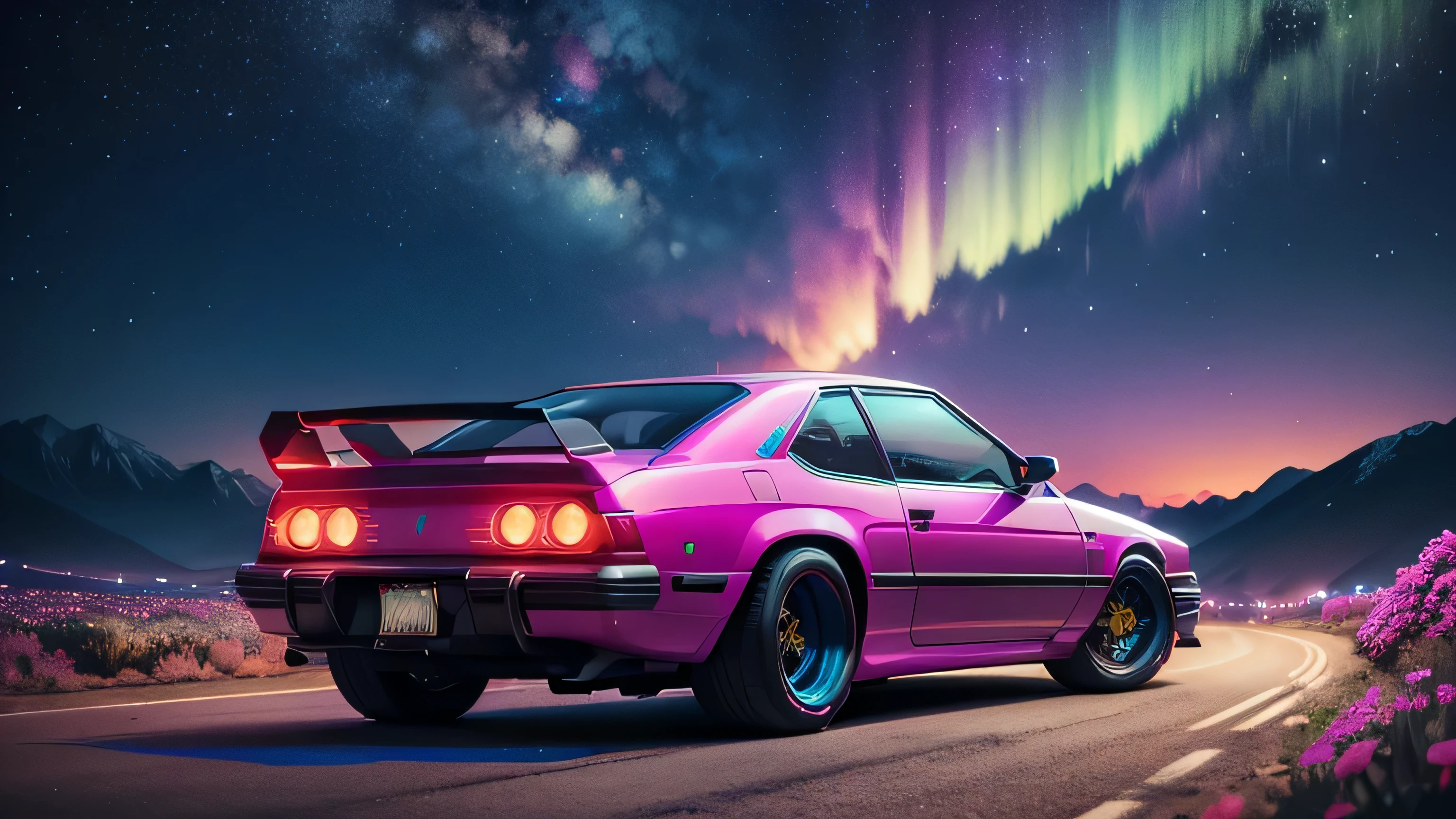 car retrowave run neon mountains flora night stars vibrant colors