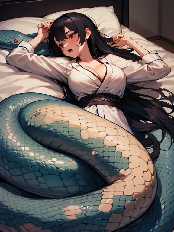 Pregnant Happy Horny, aroused 1girl), beautiful kneeling Indian young teen girl  with  giant colossal black anaconda monster  squeezing her hard, wrapped in thick spiraling coils, constricted, struggle, gasping for air, snake attack, snake peril, moonless night, dim light