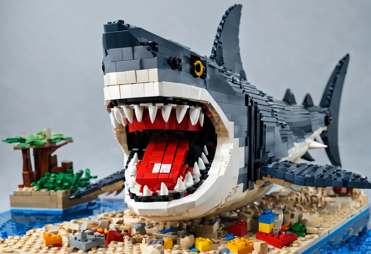 (best quality,4k,8k,highres,masterpiece:1.2),ultra-detailed,(realistic,photorealistic,photo-realistic:1.37),lego shark,impressive,brilliant,playful,striking colors,detailed blocks,shark built with lego pieces,dynamic composition,three-dimensional effect,vivid textures,breathtaking,impressive LEGO masterpiece,artistic,meticulous workmanship,lego sculpture,attention to detail,perfectly constructed,mesmerizing,awe-inspiring,realistic lego shark,detailed teeth,and fins,playful expression,impressive craftsmanship,well-crafted,shark image in lego,alive with color,impressive scale,covered in lego blocks,attention-grabbing,eye-catching,accurate representation,awe-inspiring lego creation,hours of dedication,expertly assembled,fully articulated,impressive lego shark model,creative masterpiece,lego artwork,enchanting lego sculpture,impressive lego design,meticulously constructed,amazing lego creation,impressive lego shark artwork,amazing attention to detail,vibrant lego brick colors