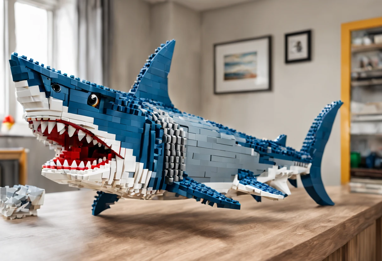 (best quality,4k,8k,highres,masterpiece:1.2),ultra-detailed,(realistic,photorealistic,photo-realistic:1.37),lego shark,impressive,brilliant,playful,striking colors,detailed blocks,shark built with lego pieces,dynamic composition,three-dimensional effect,vivid textures,breathtaking,impressive LEGO masterpiece,artistic,meticulous workmanship,lego sculpture,attention to detail,perfectly constructed,mesmerizing,awe-inspiring,realistic lego shark,detailed teeth,and fins,playful expression,impressive craftsmanship,well-crafted,shark image in lego,alive with color,impressive scale,covered in lego blocks,attention-grabbing,eye-catching,accurate representation,awe-inspiring lego creation,hours of dedication,expertly assembled,fully articulated,impressive lego shark model,creative masterpiece,lego artwork,enchanting lego sculpture,impressive lego design,meticulously constructed,amazing lego creation,impressive lego shark artwork,amazing attention to detail,vibrant lego brick colors