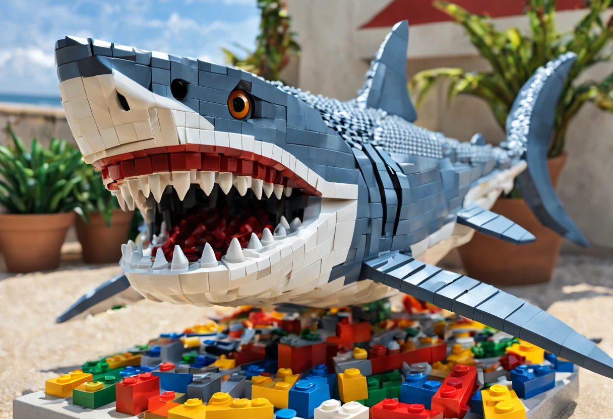 (best quality,4k,8k,highres,masterpiece:1.2),ultra-detailed,(realistic,photorealistic,photo-realistic:1.37),lego shark,impressive,brilliant,playful,striking colors,detailed blocks,shark built with lego pieces,dynamic composition,three-dimensional effect,vivid textures,breathtaking,impressive LEGO masterpiece,artistic,meticulous workmanship,lego sculpture,attention to detail,perfectly constructed,mesmerizing,awe-inspiring,realistic lego shark,detailed teeth,and fins,playful expression,impressive craftsmanship,well-crafted,shark image in lego,alive with color,impressive scale,covered in lego blocks,attention-grabbing,eye-catching,accurate representation,awe-inspiring lego creation,hours of dedication,expertly assembled,fully articulated,impressive lego shark model,creative masterpiece,lego artwork,enchanting lego sculpture,impressive lego design,meticulously constructed,amazing lego creation,impressive lego shark artwork,amazing attention to detail,vibrant lego brick colors