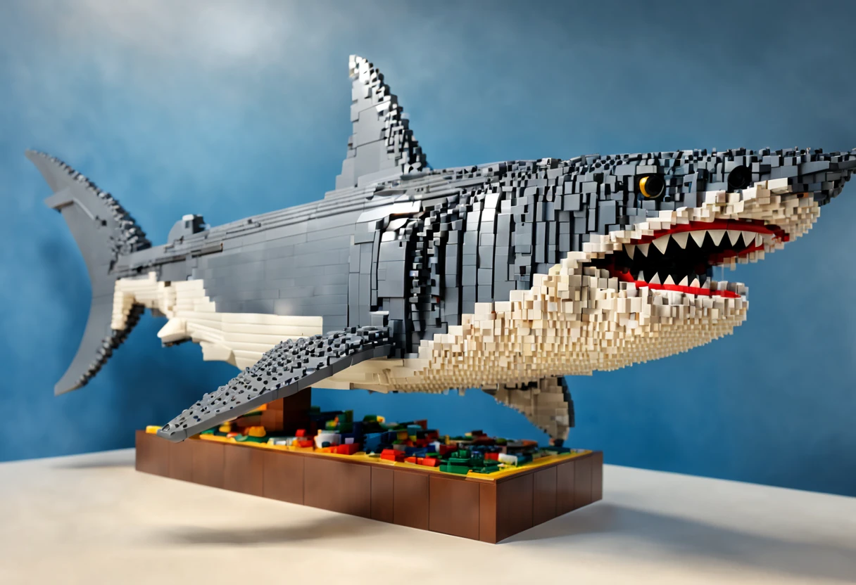 (best quality,4k,8k,highres,masterpiece:1.2),ultra-detailed,(realistic,photorealistic,photo-realistic:1.37),lego shark,impressive,brilliant,playful,striking colors,detailed blocks,shark built with lego pieces,dynamic composition,three-dimensional effect,vivid textures,breathtaking,impressive LEGO masterpiece,artistic,meticulous workmanship,lego sculpture,attention to detail,perfectly constructed,mesmerizing,awe-inspiring,realistic lego shark,detailed teeth,and fins,playful expression,impressive craftsmanship,well-crafted,shark image in lego,alive with color,impressive scale,covered in lego blocks,attention-grabbing,eye-catching,accurate representation,awe-inspiring lego creation,hours of dedication,expertly assembled,fully articulated,impressive lego shark model,creative masterpiece,lego artwork,enchanting lego sculpture,impressive lego design,meticulously constructed,amazing lego creation,impressive lego shark artwork,amazing attention to detail,vibrant lego brick colors