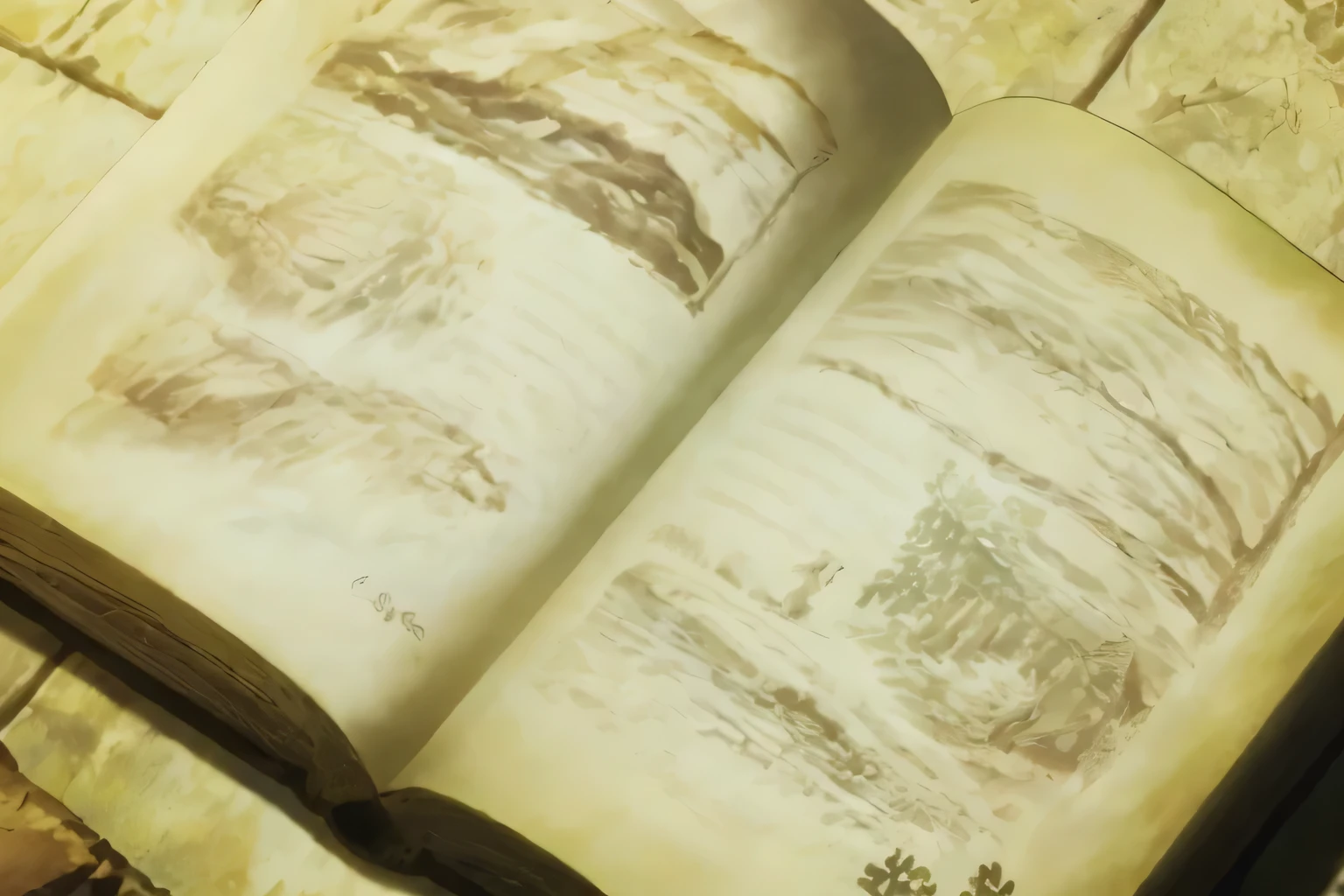 there is a book with a drawing of a mountain and a river, grimoire page, old artbook, library of ruina concept art, artbook artwork, artbook, encyclopedia illustration, detailed book illustration, grimoire, concept artbook, lost grimoire, alchemist library background, fungal pages, octopath voyager, illustrated novel, tome + concept art