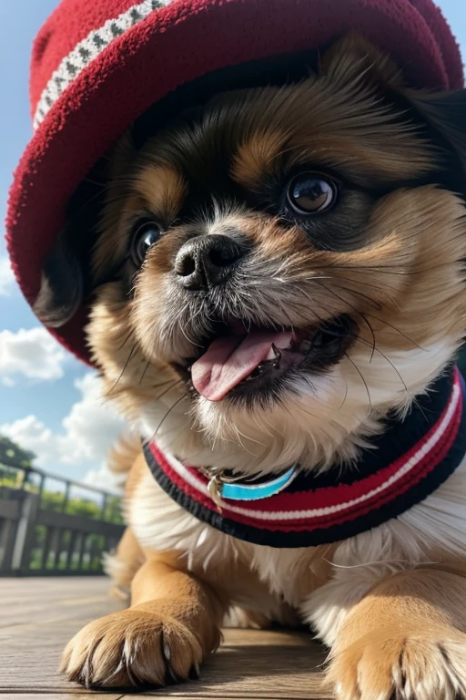 Shih Tzu dog, Pomerania, yorkshíre Terrier, Maltese, fofos posando para uma foto usando roupas fofas, luxurious hat, ties, bandanas, vestido, Cores fofas, children&#39;s clothing colors for dogs. low angle view, eye level shot (virilha),Just huge morbid thighs, gordinhas, extremamente grossas;,work-rhyme, melhor qualidade, (vista frontal), (vista da minhoca&#39;olhos), perspectiva do olho do minhoca, low angle