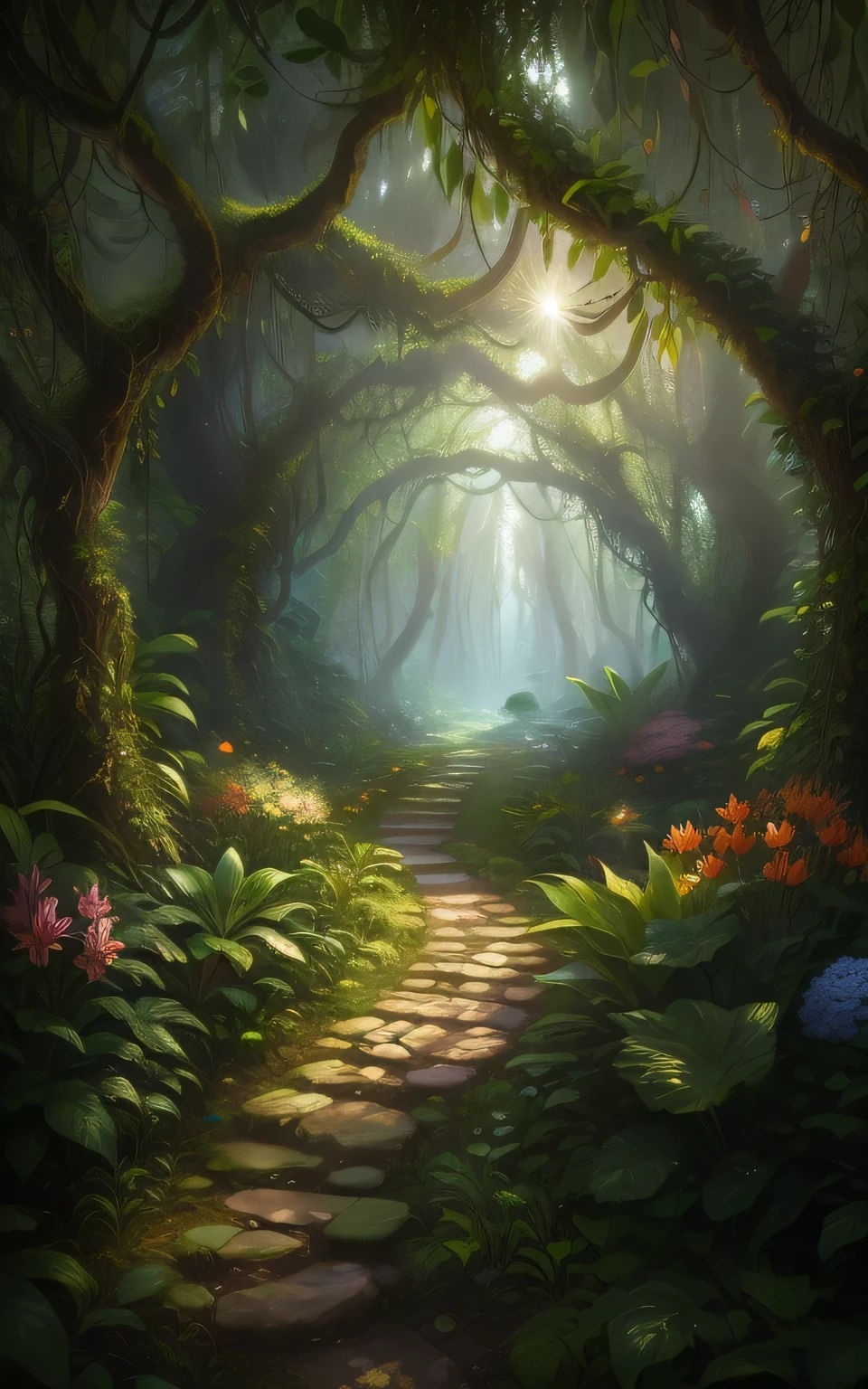 (masterpiece, best quality, ultra detailed:1.2), a close up of a pathway in a jungle with trees and flowers, enchanted magical fantasy forest, mysterious painting, sun light, beautiful, fairy tale, lush, realistic, high res, UHD, 8k