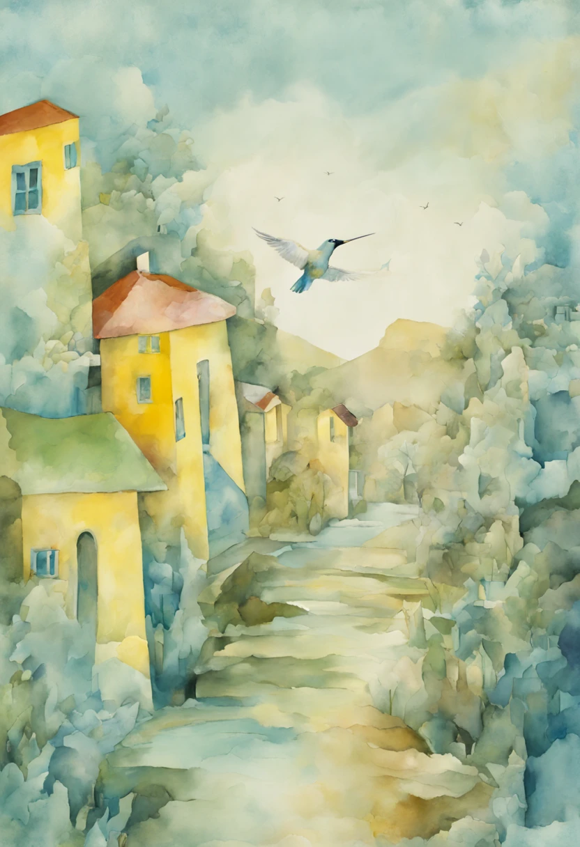 n art paper painting with birds flying and streets with houses, in the style of soft and dreamy, light blue, yellow and green, quirky collage, crystalline and geological forms, soft rough watercolours, digital collage, secluded settings