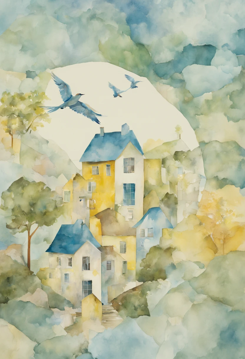 n art paper painting with birds flying and streets with houses, in the style of soft and dreamy, light blue, yellow and green, quirky collage, crystalline and geological forms, soft rough watercolours, digital collage, secluded settings