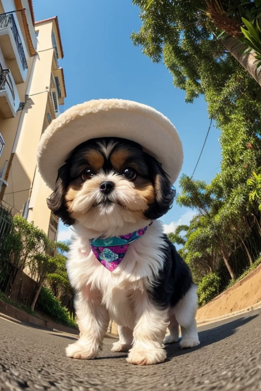 Shih Tzu dog, Pomerania, yorkshíre Terrier, Maltese, fofos posando para uma foto usando roupas fofas, luxurious hat, ties, bandanas, vestido, Cores fofas, children&#39;s clothing colors for dogs. low angle view, eye level shot (virilha),Just huge morbid thighs, gordinhas, extremamente grossas;,work-rhyme, melhor qualidade, (vista frontal), (vista da minhoca&#39;olhos), perspectiva do olho do minhoca, low angle