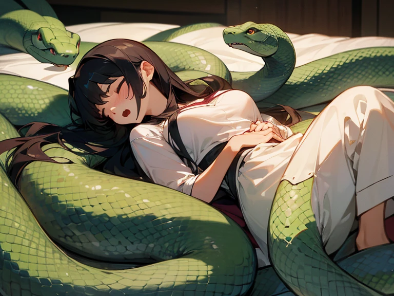 girl lays on a bed, 1girl, solo, breasts, ,black hair, long hair ,((lying on back)), (pajamas:1.0), white pajamas, (Background: Bedroom with tatami mats), on the bed sheet, lying, on back, sleeping, (large breasts), flustered face, surprised face, (upset:1.0), open mouth, sweat, (snakes 1.5), (anaconda), (big snake), (snake tail),pretty girl, (looking up:1.0), night, steam, best quality,detailed,high resolution,