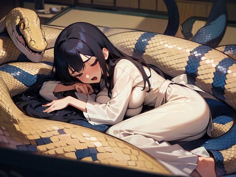 girl lays on a bed, 1girl, solo, breasts, ,black hair, long hair ,((lying on back)), (pajamas:1.0), white pajamas, (open clothes:1.0), exposed breasts, (surrounded by snakes), (Snakes entangled with girls), lying, on back, rub cheeks together, romance, love, (large breasts), (Background: Bedroom with tatami mats), on the bed sheet, confused, (face looking pleasant), (upset:1.0), shy, blush, parted lips, saliva, saliva trail, sweat, (snakes 1.5), (anaconda), (big snake), (coiled snake), (snake tail), (breast sucking:1.5), (licking breast:1.5), (Snake licking girl's breast with tongue), pretty girl, (looking up:1.0), night, wet, wet skin, steam, best quality,detailed,high resolution,
