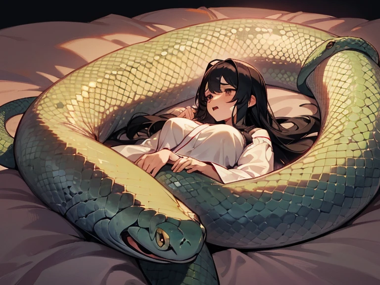 (nsfw:1.0), girl lays on a bed, 1girl, solo,completely nude, (large breasts:1.0), black hair, long hair ,((lying on back)), nipples,(surrounded by snakes), (Snakes entangled with girls),(breast sucking), lying, on back, (Background: Bedroom), on the bed sheet, flustered face, surprised face, confused, scared, panicking, (upset:1.0), open mouth, sweat, wet, (snakes 1.5), (anaconda), (big snake), (coiled snake), (snake tail),pretty girl, (looking up:1.0), night, steam,((breast focus:1.0),(cinematic angle), best quality,detailed,high resolution,
