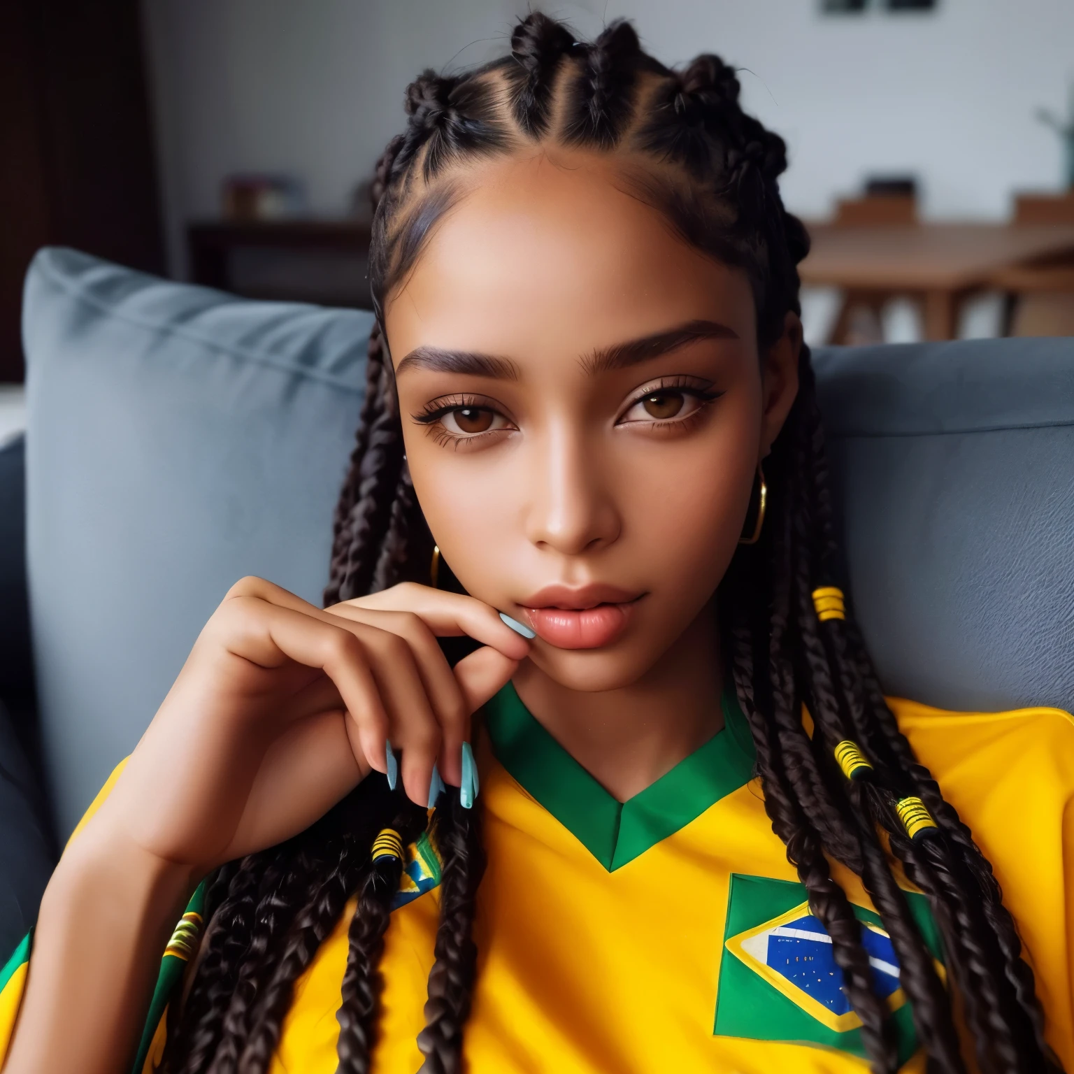 plucked woman with dreadlocks sitting on a sofa in a yellow shirt, looks like fabiula nascimento, supermodelo brasileira, black hair in Braids, malika favre, brasileiro,  com Braids, Braids, trancinhas Braids, com pele morena, woman with braided brown hair, Senhora deslumbrante, linda modelo, rosto deslumbrante, linda mulher, trancinhas