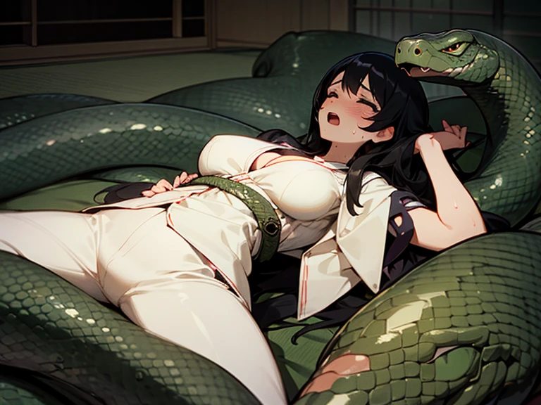 girl lays on a bed, 1girl, solo, breasts, ,black hair, long hair ,((lying on back)), (pajamas:1.0), white pajamas, (Background: Bedroom with tatami mats), on the bed sheet, lying, on back, sleeping, (large breasts), flustered face, surprised face, (upset:1.0), open mouth, sweat, (snakes 1.5), (anaconda), (big snake), (snake tail),pretty girl, (looking up:1.0), night, steam, best quality,detailed,high resolution,