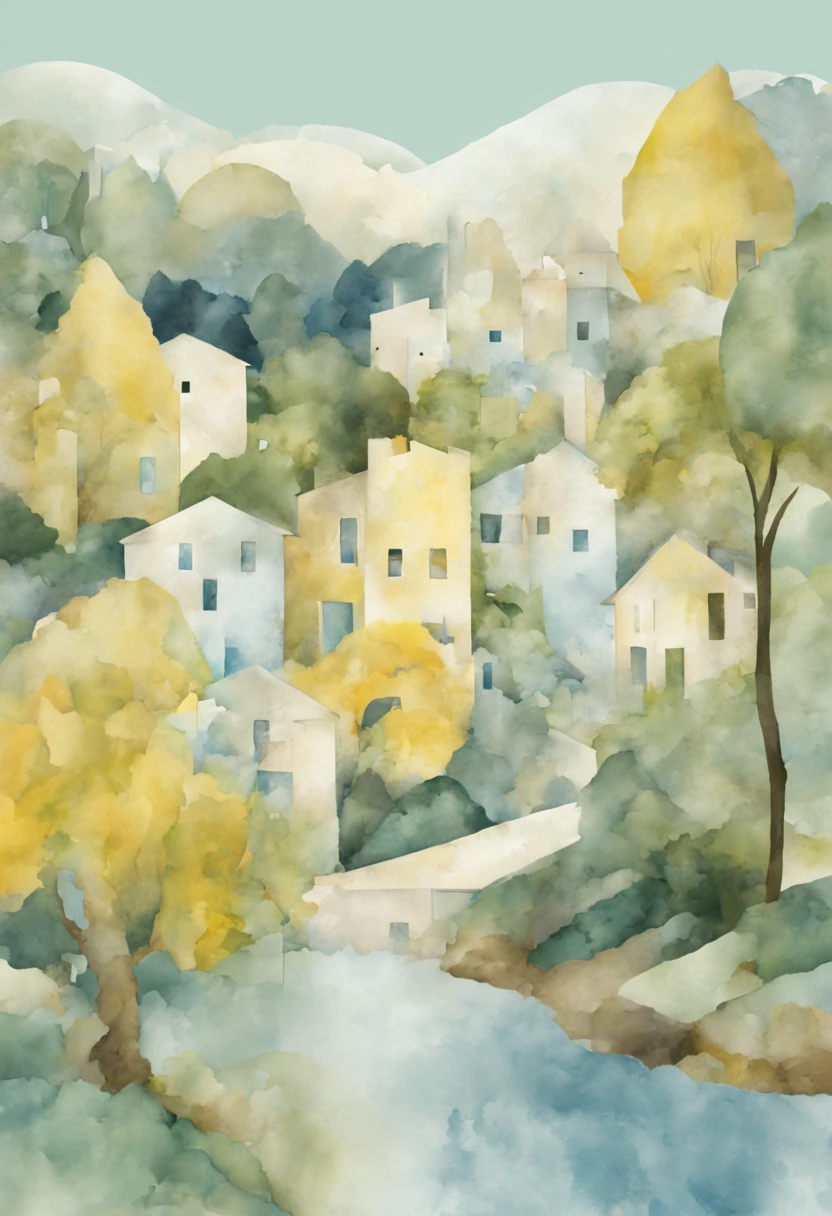 n art paper painting with trees and streets with houses, in the style of soft and dreamy, light blue, yellow and green, quirky collage, crystalline and geological forms, soft rough watercolours, digital collage, secluded settings
