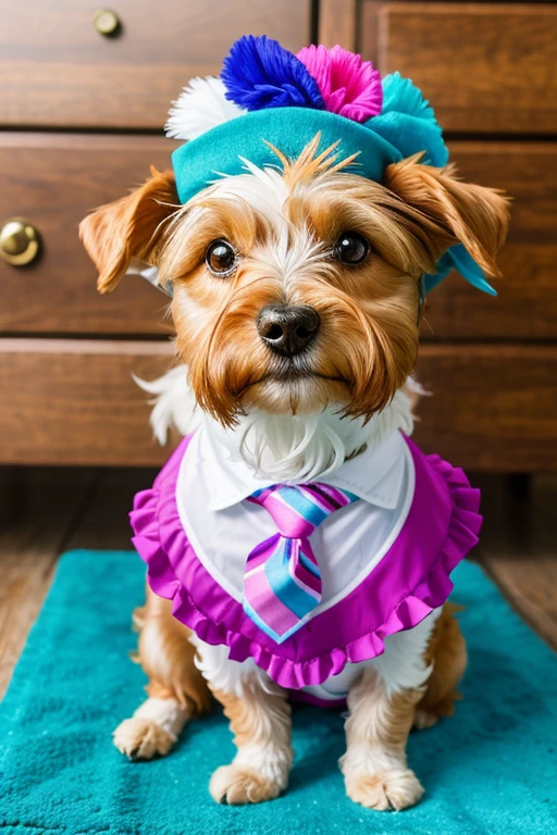 breed dog, yorkshíre Terrier, Maltese, fofos posando para uma foto usando roupas fofas, luxurious hat, ties, bandanas, vestido, Cores fofas, children&#39;s clothing colors for dogs.