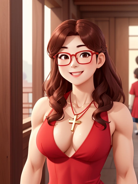 attractive korean woman, ripped muscle, muscular body, small breast, pale skin, smile(blush), red dress, glasses, cross necklace, sixpack abs, [ultra detailed skin:1.2], brown hair, wavy hair, 8k uhd, pussy, full body, crowd, public, temple, standing,