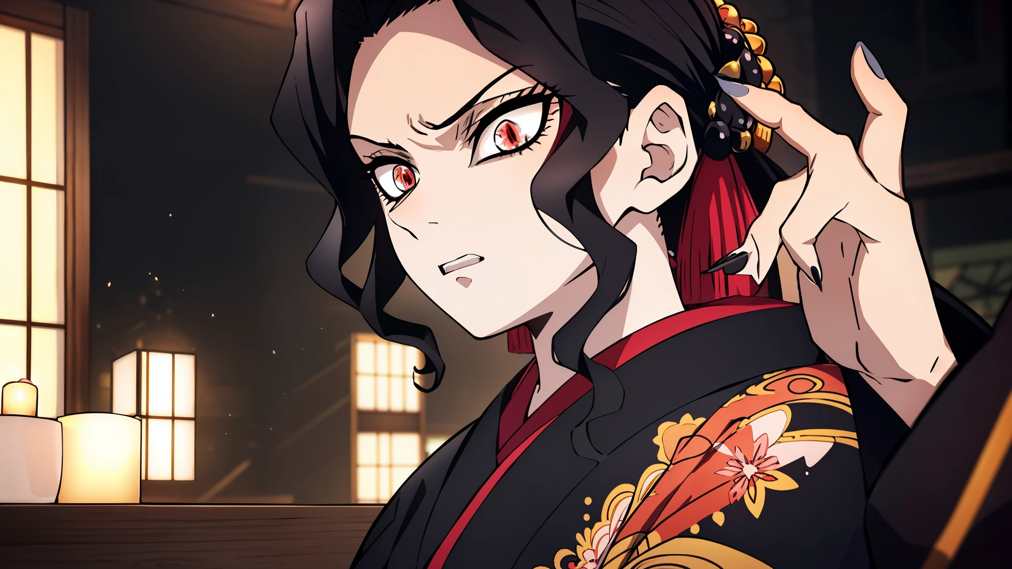 master piece, best quality, ultra high resolution, highest quality, anime style, best writing, beautiful face, handsome face, (black kimono:1.3), luxurious kimono, (1 female:1.3), beautiful face, beautiful kimono, tatami, luxurious sliding door, seiza, black hair, Beautiful makeup, upper body, red eyes, Cat pupil, (annoyed:1.2), (inside a dark room:1.2), Candlelight, finger pointing/Pointing gesture, (nails are growing:1.3), (background red:1.2)