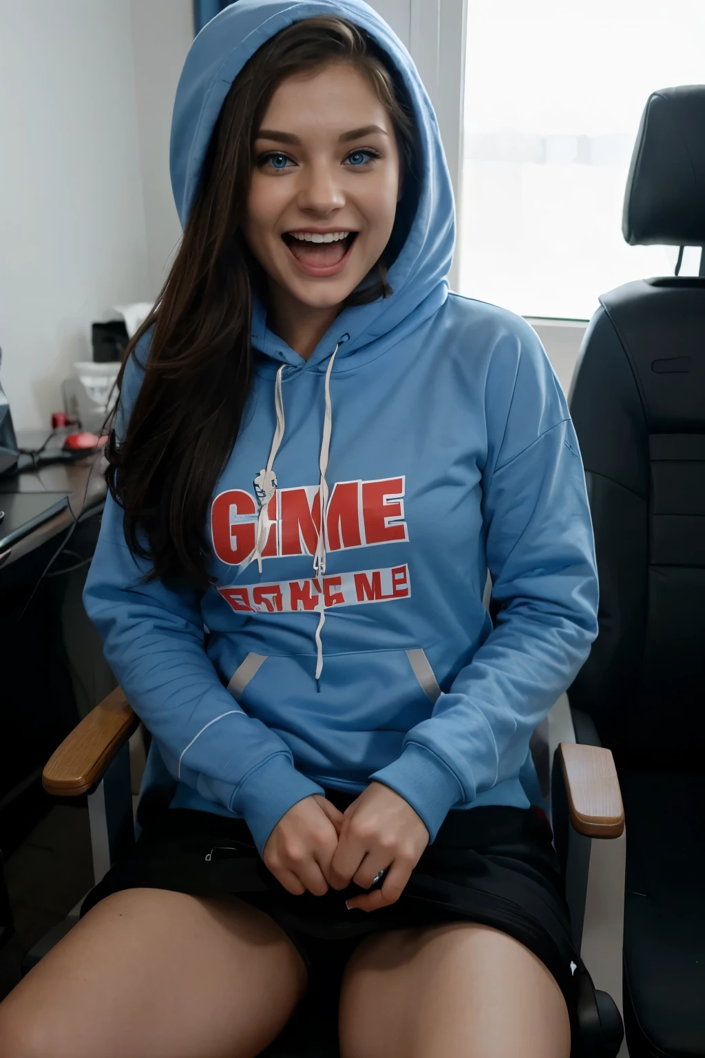 a prety nice looking girl with blue eyes and hoody on a gaming chair and taking a selfy and laughing while