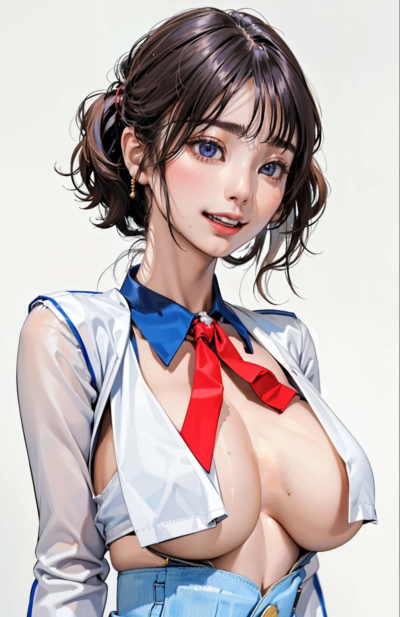 (8K、RAWE Photo、highest quality、masterpiece:1.2)、(real、photorealistic:1.37)、1 beautiful Japan schoolgirl、perfect body、18-year-old、Sexy schoolgirl uniform、Medium Boob:1.8、(Photographing the subject from below)、(((hanging breasts, underboob、Are thin)))、underboob、oily skin:1.5、thin、 (Sexy uniform with a slight view of the underside of the chest)、((目に見えるunderboob、Uniform with visible ribs and belly button))、Super miniskirt visible、((look at the audience))、Open your mouth and smile