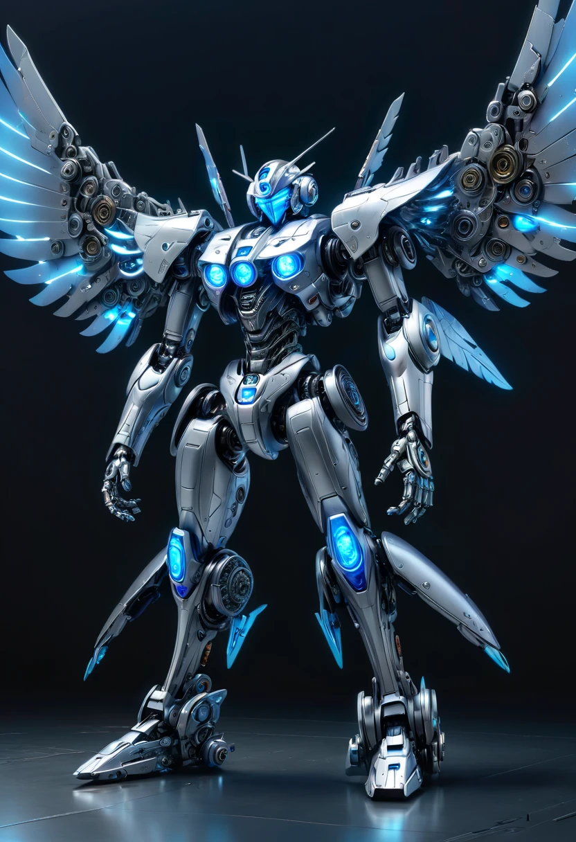 Full body, 1 person, Mecha, glowing blue eyes,airplane wings,Steel texture, Mecha, complex, solid color background, Surreal, Super detailed, 错综complex, Crazy details, clear focus
