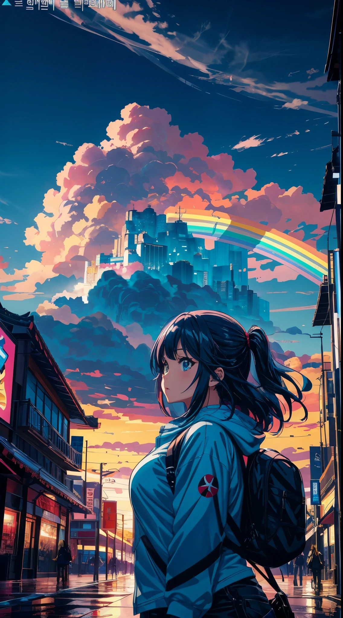 girl standing in big city looking at rainbow sky, close up perspective of the girl, very detail face, Near Future City, anime art wallpaper 4k, anime art wallpaper 4k, Anime art wallpaper 8k, in the style dan mumford artwork, amazing wallpapers, korea, como se estivesse tirando a foto de baixo da garota para cima