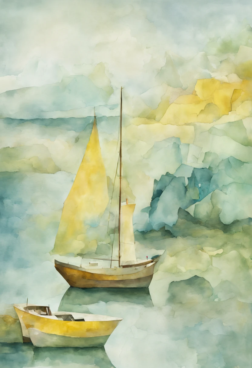 n art paper painting with boats, seascape in the style of soft and dreamy, light blue, yellow and green, quirky collage, crystalline and geological forms, soft rough watercolours, digital collage, secluded settings 