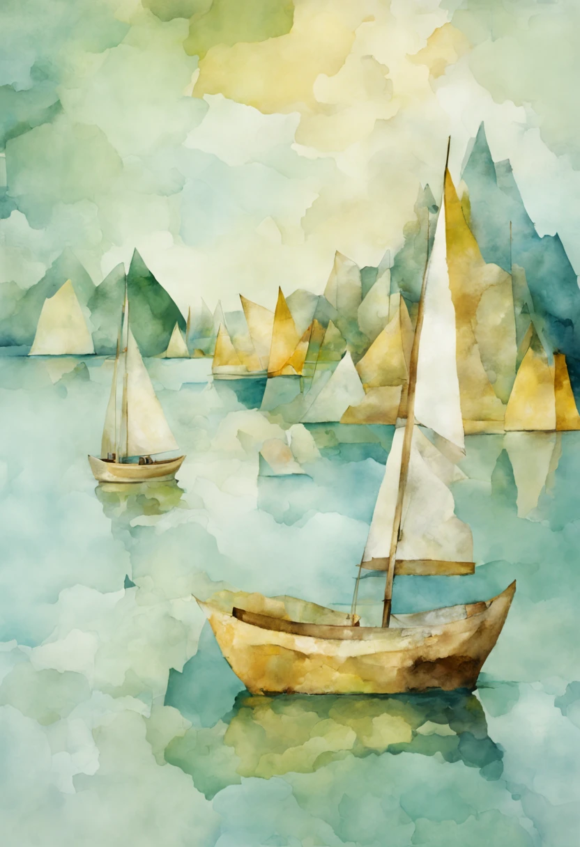 n art paper painting with boats, seascape in the style of soft and dreamy, light blue, yellow and green, quirky collage, crystalline and geological forms, soft rough watercolours, digital collage, secluded settings