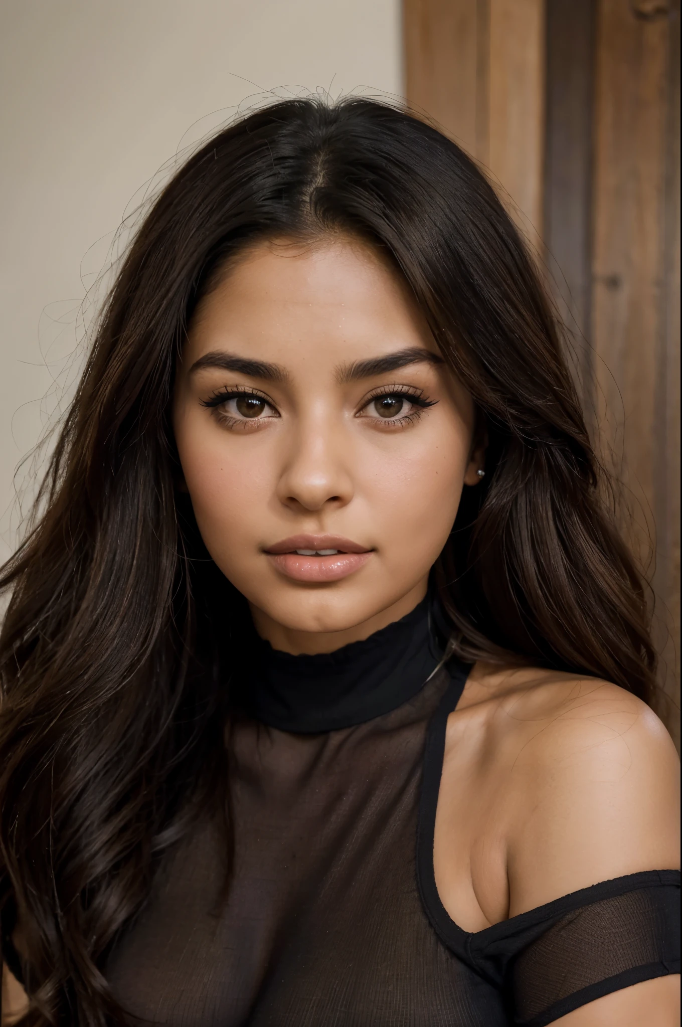 araffed woman with long brown hair wearing a black top, gorgeous latina face, flawless olive skin, violet myers, portrait of demi rose, beautiful mexican woman, alanis guillen, clear portrait of demi rose, tanned ameera al taweel, photo of a beautiful woman, jaw-dropping beauty, julia fuentes, portrait of modern darna