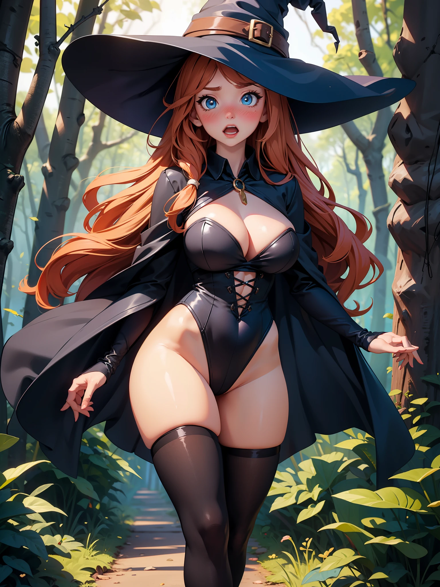 Best quality, Masterpiece, 8k, woman, (witch), 24 Years old, long ginger hair, parted bangs, detailed blue eyes, (blush), (raised eyebrows), open mouth, huge breasts,cleavage, half body, (witch hat), (black leotard), black gloves, black stockings, walking through the forest, sunset