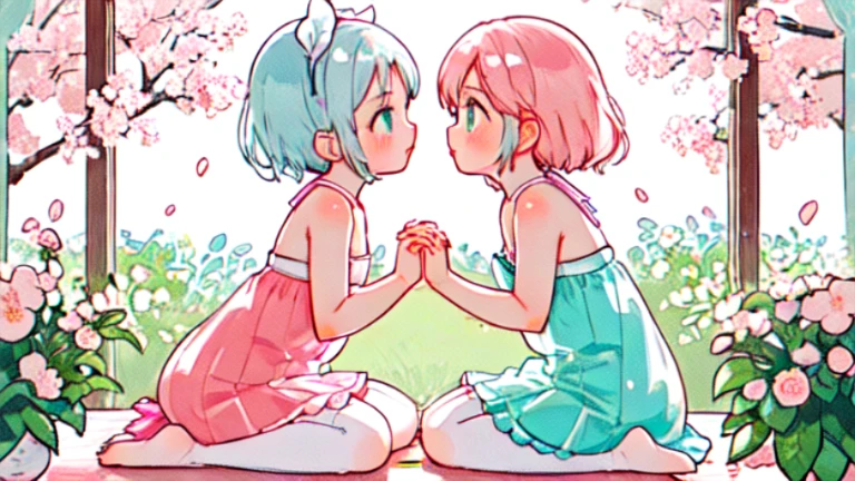 (2girls:1.1),(from side:1.1),(holding hands:1.1),Ejaculate,whole body,white stockings on her legs,pastel colors,Soft contrast,fair skin,皮肤细腻有Light泽,light blue pupils,Bandeau dress,barefoot,lace,ribbon,Strapless,Beautifully,prettify,garden,flowers,flying petals, Light腿, Cherry blossoms, Light, composition, Rich expressions,masterpiece, (2girls and 2girls and 2girls and 2girls),pink hair, blue eyes, Empty classroom, sadomasochism, sitting at a table, exposed buttocKs, high heels, delicate eyes, leggings, Kissing each other, lesbians, 4K high resolution cheeKs red and fresh and lovely