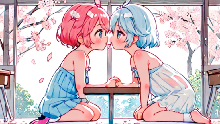 (2girls:1.1),(from side:1.1)，(holding hands:1.1)，Ejaculate，whole body，white stockings on her legs，pastel colors，Soft contrast，fair skin，皮肤细腻有Light泽，light blue pupils，Bandeau dress，barefoot，lace,ribbon，Strapless,Beautifully,prettify,garden,flowers,flying petals, Light腿, Cherry blossoms, Light, composition, Rich expressions，masterpiece, (2girls and 2girls and 2girls and 2girls)，pink hair, blue eyes, Empty classroom, sadomasochism, sitting at a table, exposed buttocKs, high heels, delicate eyes, leggings, Kissing each other, lesbians, 4K high resolution cheeKs red and fresh and lovely