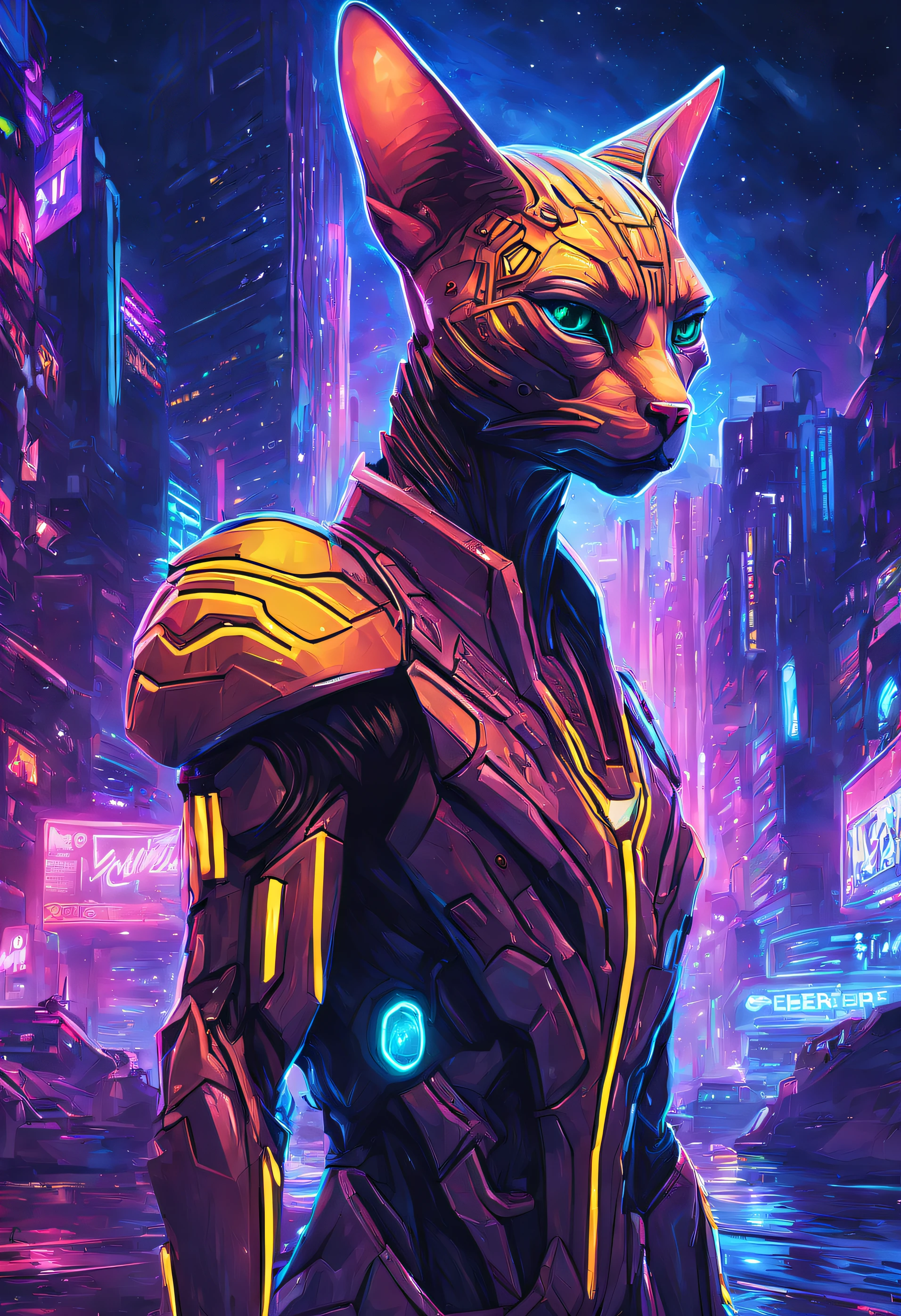 space futurista style neon futurista style Digital illustration of dan mumford, Sphinx Superhero Catman, Cerveja, futurista world, Mundo ciberpunk, corpo todo, Dynamic Posture, Bright neon tech outfit, cybernetic enhanced, Cinematic Scifi, ultra detalhado, Intricado, profissional, Fotorrealista hiper-realista, photographic, realismo, Filme 35mm, dslr, Estilo Cyberpunk, ciborgue style, filme ainda, Filme ainda, ciborgue style, ciborgue . futurista, alta tecnologia, luzes de neon, futurista cities, vibrante, altamente detalhado . outer space, cosmic, estrelas, Planetas, futurista spacecraft, altamente detalhado