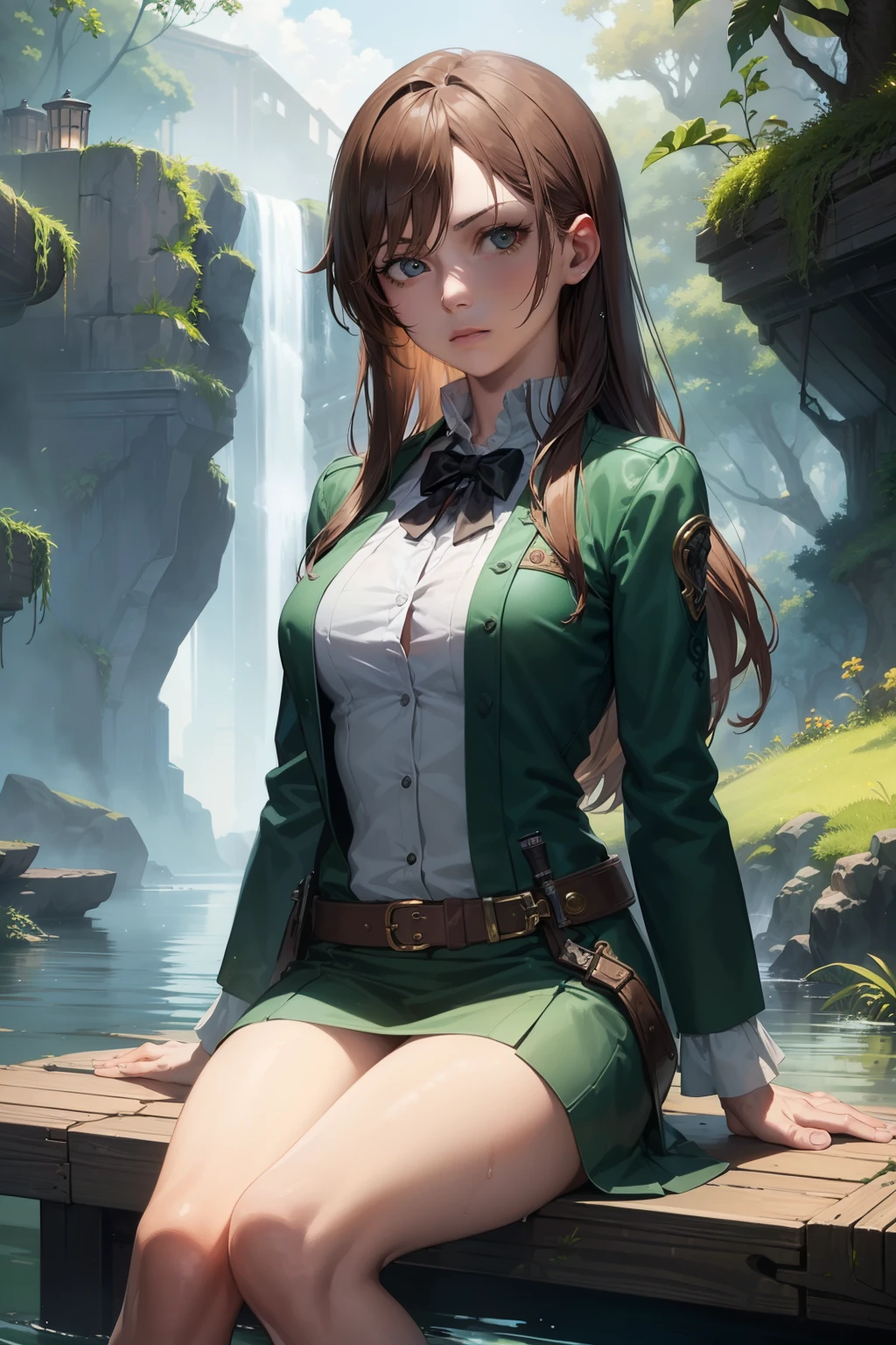 (Best quality, masterpiece:1.4), (anime:1.2), Waverly - a girl character from the Black Lagoon anime series during season 1, (Detailed: 1.4), (stylized:1.2), 4K, intricate details, digital art, (realistic:1.2),
(Seated:1.4), Waverly shown sitting near the edge of a rickety boat or dock, surrounded by the lush, mysterious environment of the Black Lagoon, (Water:1.2), overgrown vegetation, (moss:1.2),
(Solo:1.4), 1G