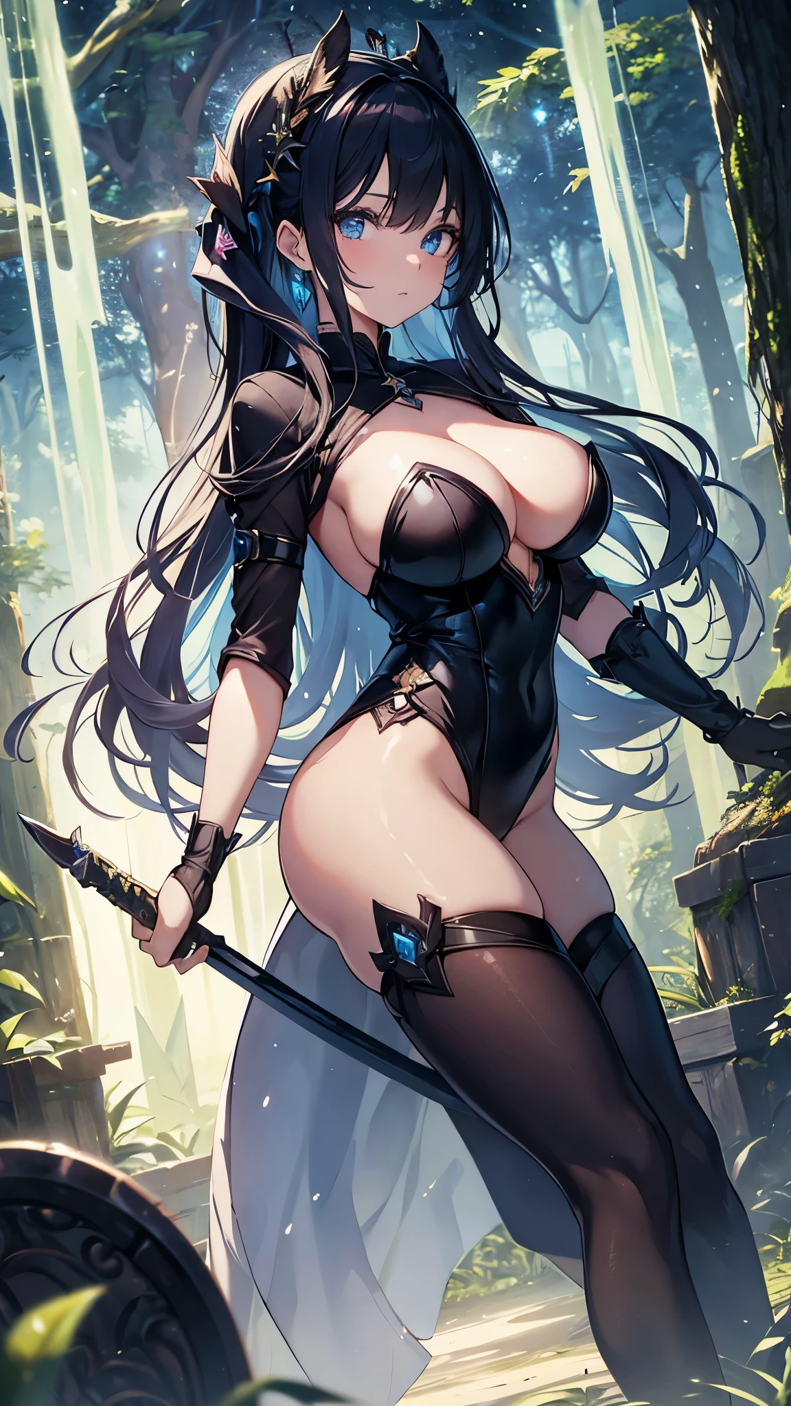 Ariel, the Mystical Forest Girl!  (((Evolved to Stage 4))) with Long Luminous and Mystical Black Hair, Intensely Beautiful Blue Eyes, With Big Breasts and a Big Butt, Even Being Shy, Loves Meeting New People, Defends Herself With Her Blade of Pure Wisdom , wears the Celestial Bodysuit and Golden Tights that Her Father Gave Her and Has for the Purpose of Protecting His Wonderful Forest! [Epic, RPG Character, Wonderful, Professional Art, 16k, High Quality, Attractive beautiful.]