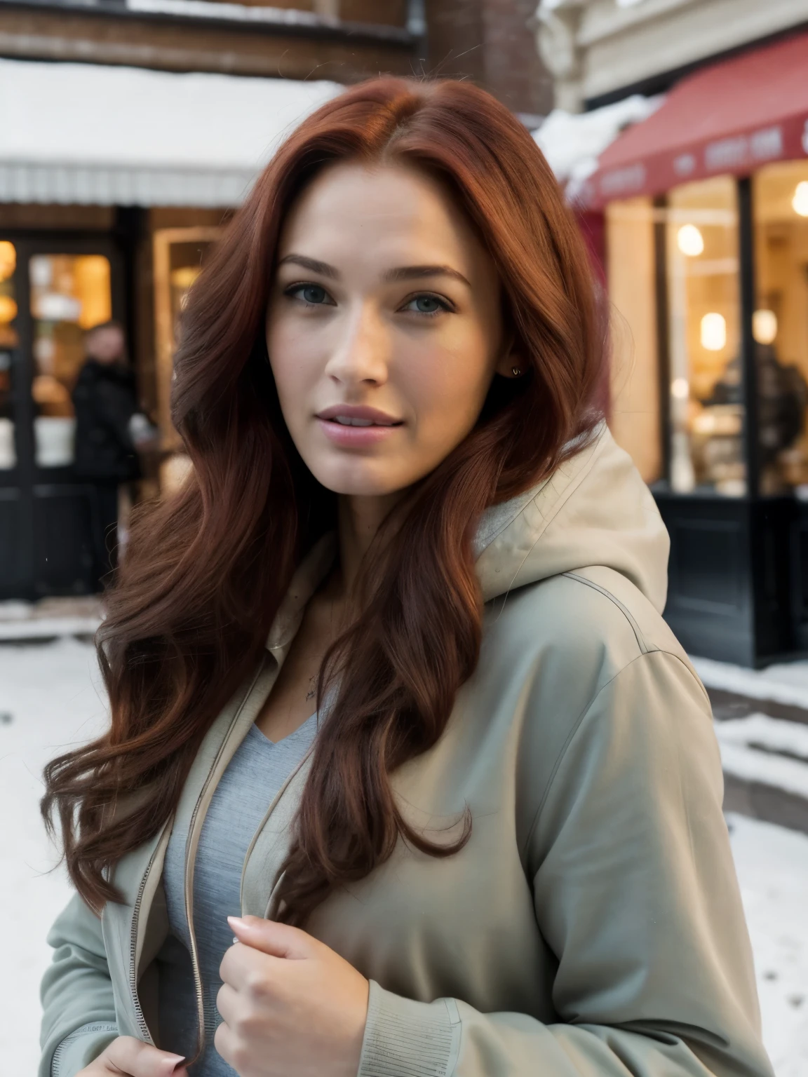 1 girl next door with dyed long red hair, Mischung aus 10% Megan Fox und 15% Gal Gadot und 20% Blake Lively, 172cm height, 68kg Gewicht, weiches, lockiges, intensiv langes rotes Haar, clear green eyes, lange dunkelschwarze Wimpern, perfekt geformte dunkelschwarze Augenbrauen, dunkle, karamellfarbene Haut, slim and well-defined body, curvy body, elegant thin nose, kleine Ohren, vollen Lippen, White teeth, kleine, weiche, ladylike hands, painted fingernails, wearing a winter jacket and long black jeans, high resolution, Meisterwerk, best quality, komplizierte hohe Detailgenauigkeit, Sehr detailliert, scharfer Fokus, detaillierte Haut, realistische Hautstruktur, echte Hautstruktur, Realistische Textur, Fachmann, wahres Leben, ultrarealistisch, Fotorealismus, Fotografie, realistic Fotografie, UHD, Foto RAW, In einer deutschen Stadt voller Schnee am Bahnhof, Wintertag, kalte Stimmung, whole body from a distance