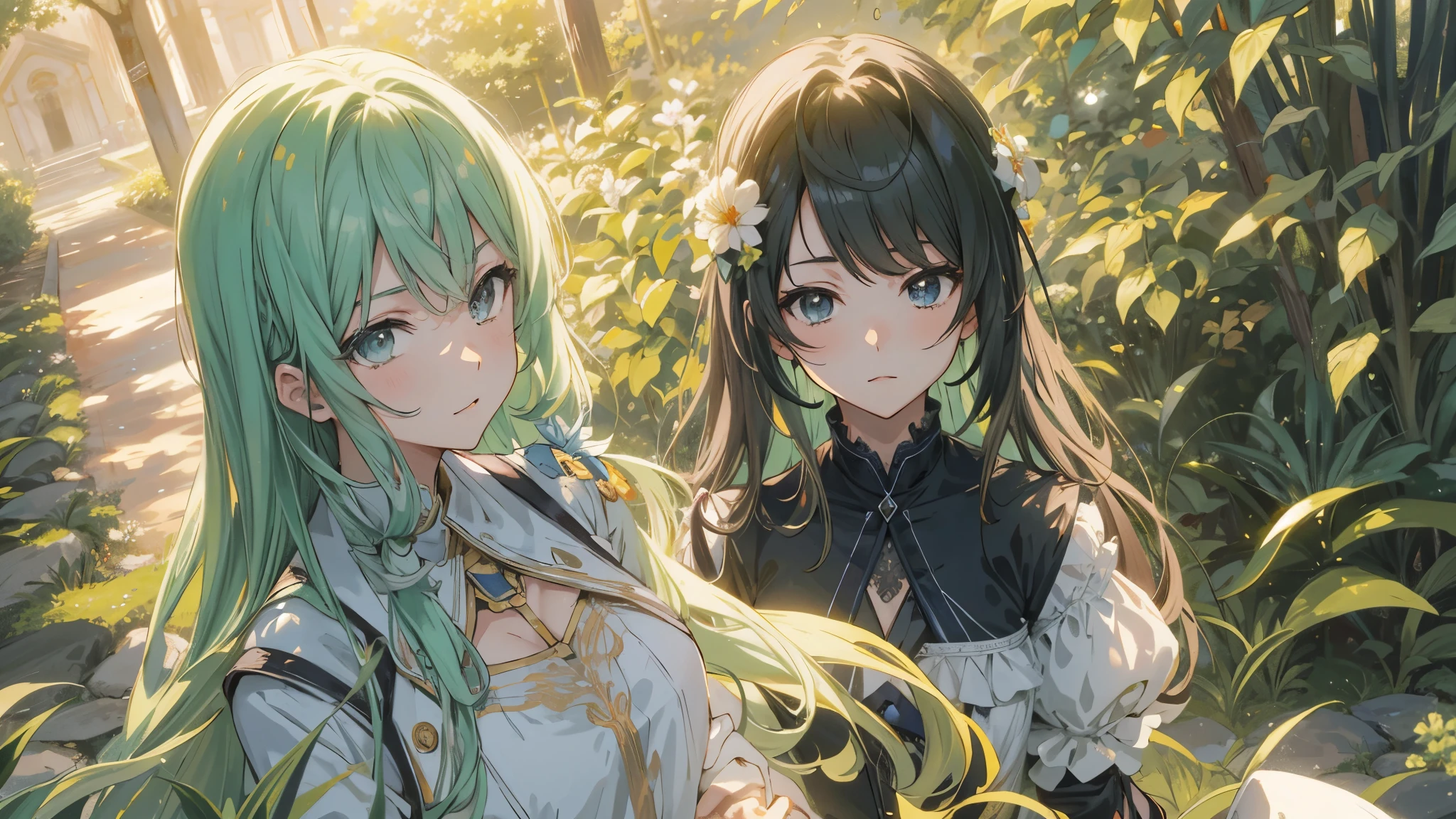 anime characters in a garden with a ray of sun, two beautiful chicas anime, estilo anime 4k, wlop y sakimichan, arte de anime digital detallado, obra de arte al estilo de guweiz, ilustraciones de anime detalladas, Arte detallado de alta calidad 8k, Fondo de pantalla de arte anime 4k, Fondo de pantalla de arte anime 4K, chicas anime, loish y wlop