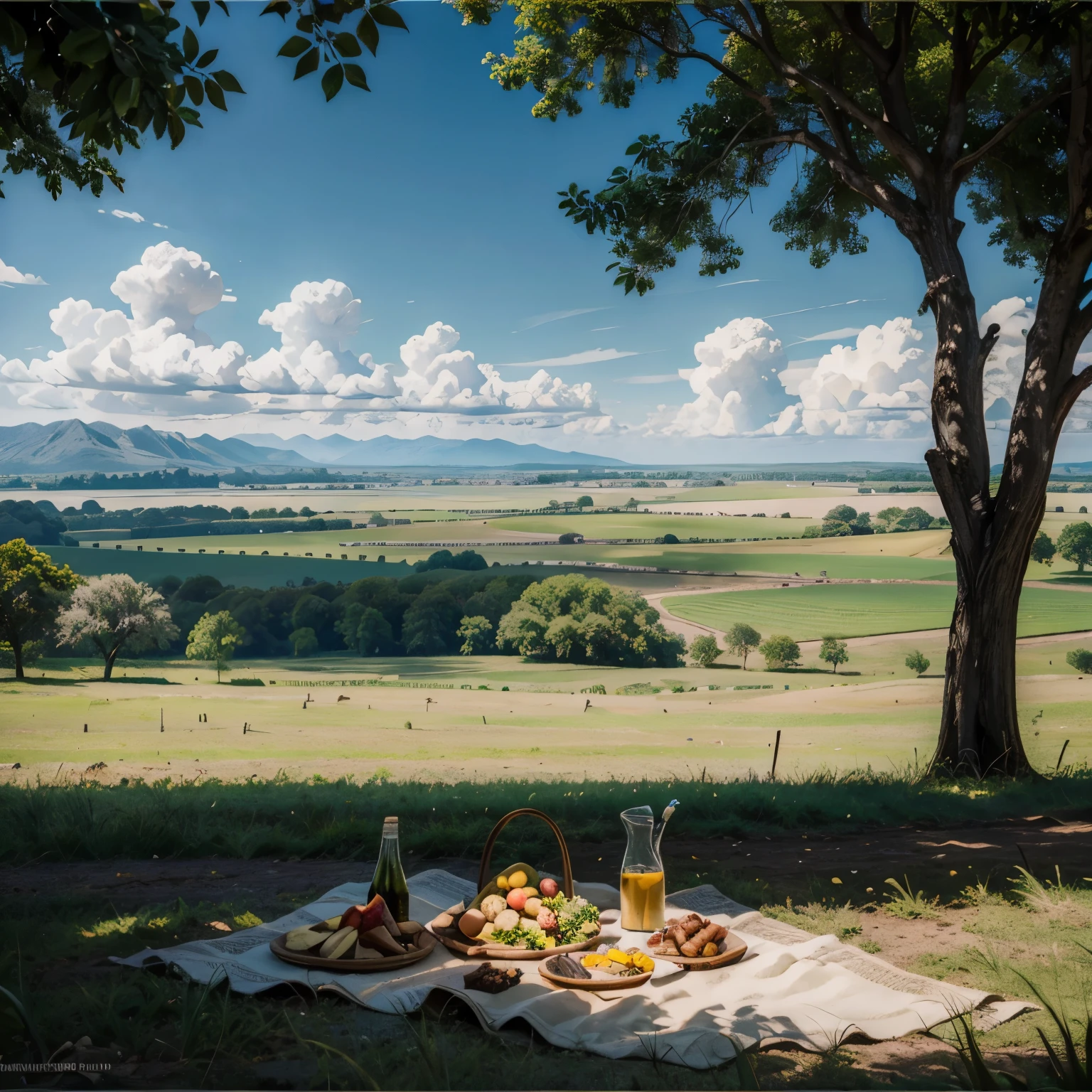 Vast fields, light breeze, picnic spread sitting in the shade of a single large tree, overlooking scenic shallow valley in background, cinematic shot, gorgeous landscape, lightly cloudy, warm day, captivating, no people, picnic in foreground