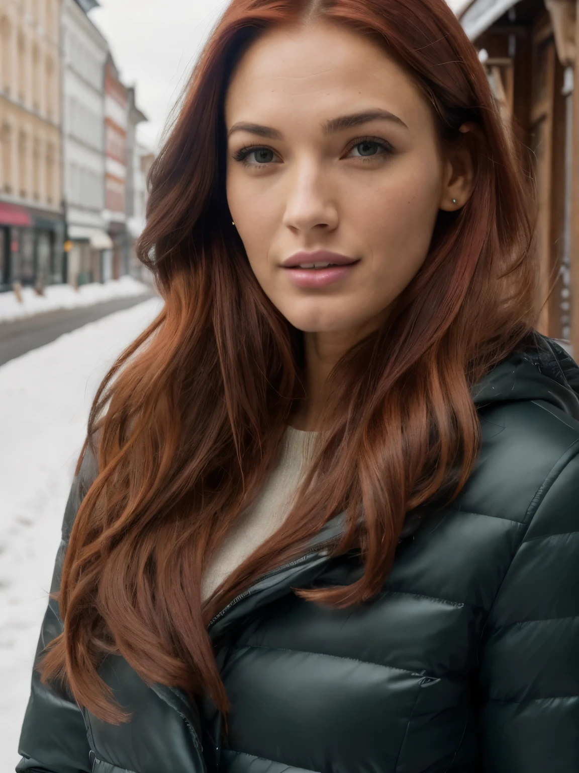 1 girl next door with coloured long red hair, Mix out of 10% Megan Fox and 15% Gal Gadot and 20% Blake Lively, 172cm height, 68kg weight, soft curly intense long red hair, clear green eyes, long dark black lashes, perfectly shaped dark black eyebrows, dark caramel tanned skin, slim and well-defined body, curvy body, elegant thin nose, small ears, full lips, white teeth, small soft ladylike hands, painted fingernails, wearing a winterjacket and long black jeans, high resolution, masterpiece, best quality, intricate high detail, highly detailed, sharp focus, detailed skin, realistic skin texture, real skin texture, realistic texture, professional, real life, ultra-realistic, photorealism, photography, realistic photography, UHD, photo RAW, in german city in front of café, winter day, cold mood, full body photography
