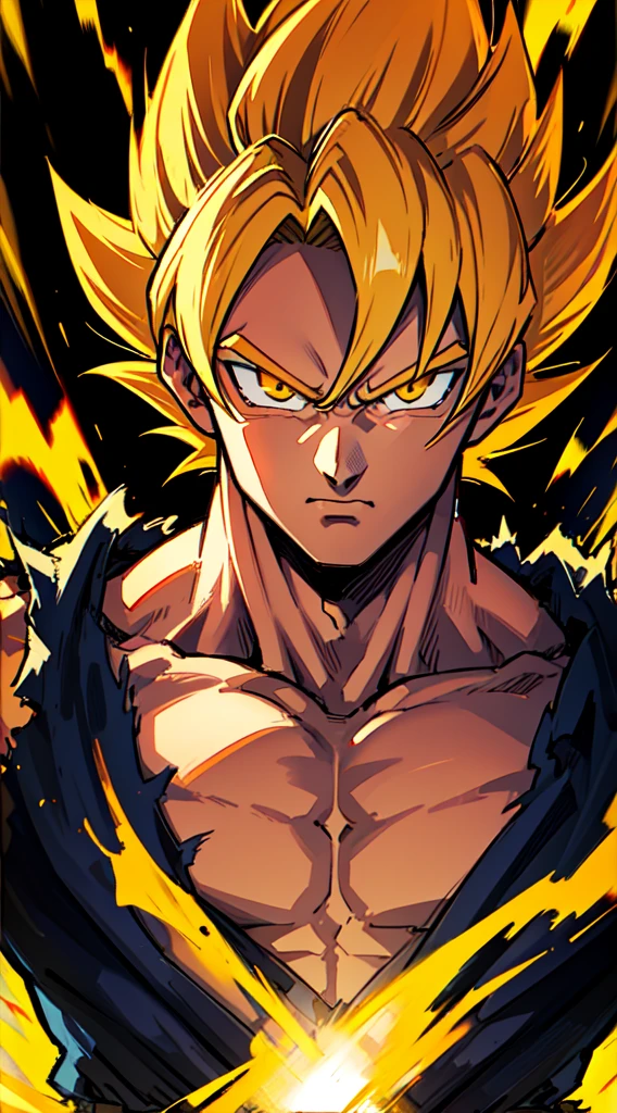 Son goku super sayajin looking at viewer, serious face. Yellow orange aura of power. Muscles. soft light. digital art. traces of 90's anime. Orange Torn clothes. Face defined, more detail, high detailed.