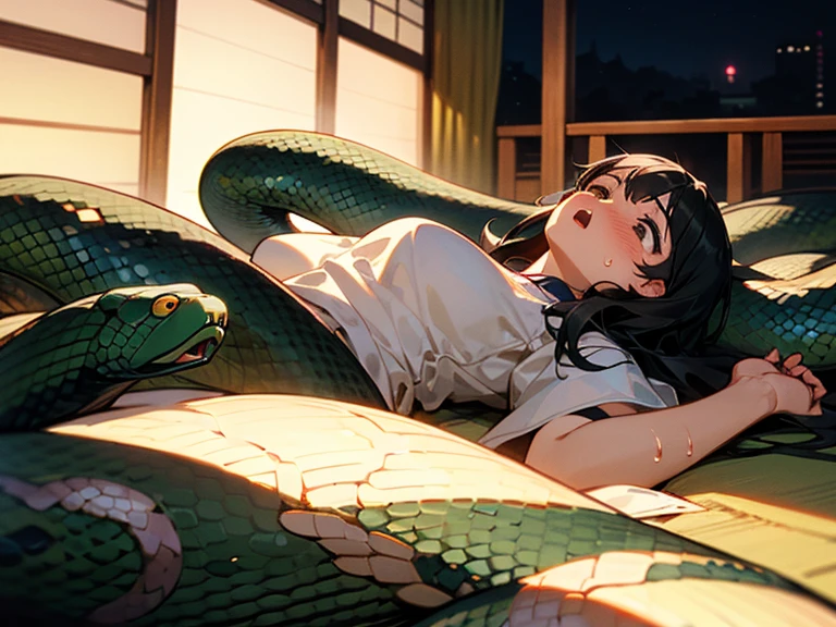 girl lays on a bed, 1girl, solo, breasts, ,black hair, long hair ,((lying on back)), (pajamas:1.0), white pajamas, (Background: Bedroom with tatami mats), on the bed sheet, lying, on back, (large breasts), flustered face, surprised face, (upset:1.0), open mouth, sweat, (snakes 1.5), (anaconda), (big snake), (snake tail),pretty girl, (looking up:1.0), night, steam, best quality,detailed,high resolution,