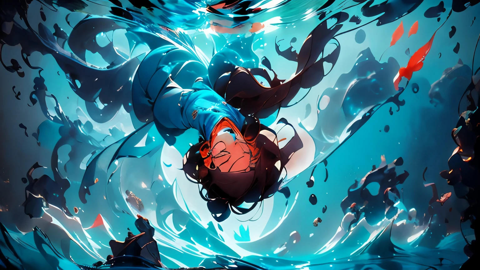 The girl is a diver for shells and pearls. Exotic, warm coral atoll. In an underwater scene, a very beautiful island girl collects shells in the coral reefs underwater. Bluewater, reflections of light from above penetrate through the water, air bubbles, and exotic - tropical underwater landscape. A girl - a diver in a realistic style, flexible - and graceful, with dark skin, and dark long hair developing in the water, dives headfirst for shells on the sandy bottom. Very positive exotic underwater scene - nude islander girl diver. She dives underwater, her hair is developing, there is a necklace on her neck, and there is a bag on a rope for treasure on her bare hips. Realistic visualization, in blue tones, light reflexes, coral atolls in the background (fish, crabs, malus, a variety of underwater tropical animals). High-detail textures, light reflections on the diver’s body, light refraction, and caustics. 8K, FUL HD, cinematic rendering, feature film., brown hair, quad drills, hair over shoulder, very long hair, hair spread out, hair beads, light smile, holding breath, Surrealism, Futurism, Romanticism, chiaroscuro, ray tracing, reflection light, backlighting, halftone, rounded corners, partially underwater shot, from below, wide shot, atmospheric perspective, high quality, highres, textured skin, anatomically correct, masterpiece, ccurate