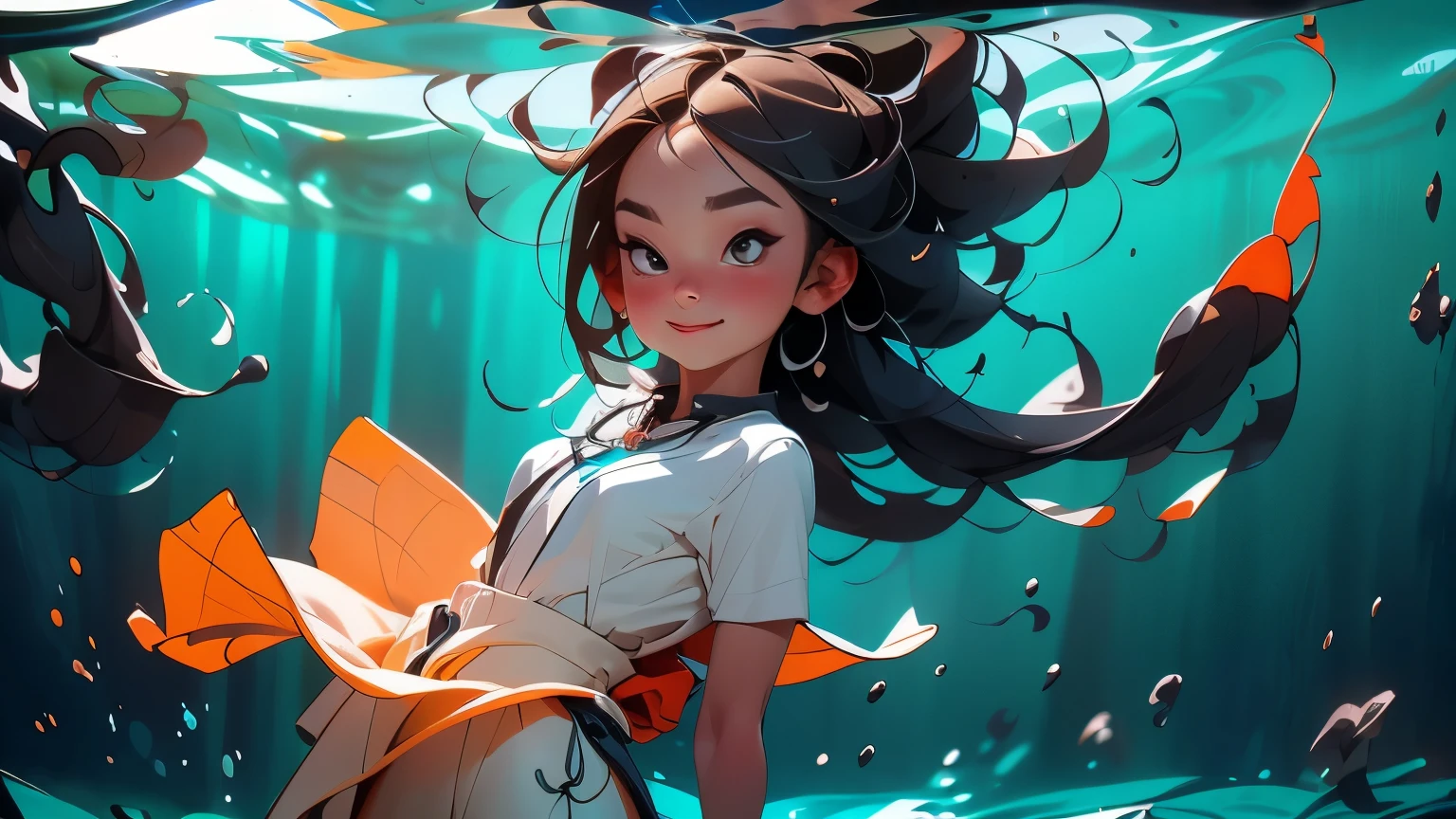 The girl is a diver for shells and pearls. Exotic, warm coral atoll. In an underwater scene, a very beautiful island girl collects shells in the coral reefs underwater. Bluewater, reflections of light from above penetrate through the water, air bubbles, and exotic - tropical underwater landscape. A girl - a diver in a realistic style, flexible - and graceful, with dark skin, and dark long hair developing in the water, dives headfirst for shells on the sandy bottom. Very positive exotic underwater scene - nude islander girl diver. She dives underwater, her hair is developing, there is a necklace on her neck, and there is a bag on a rope for treasure on her bare hips. Realistic visualization, in blue tones, light reflexes, coral atolls in the background (fish, crabs, malus, a variety of underwater tropical animals). High-detail textures, light reflections on the diver’s body, light refraction, and caustics. 8K, FUL HD, cinematic rendering, feature film., brown hair, quad drills, hair over shoulder, very long hair, hair spread out, hair beads, light smile, holding breath, Surrealism, Futurism, Romanticism, chiaroscuro, ray tracing, reflection light, backlighting, halftone, rounded corners, partially underwater shot, from below, wide shot, atmospheric perspective, high quality, highres, textured skin, anatomically correct, masterpiece, ccurate
