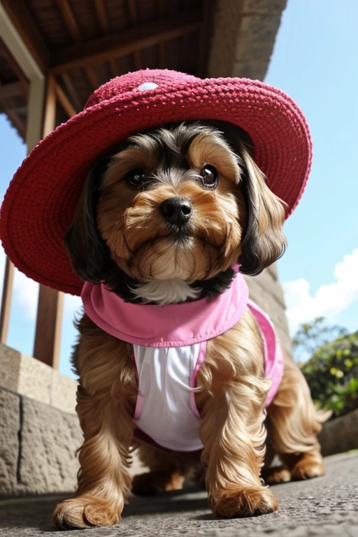 Cute dog wearing cute princess dress, Boca aberta, Yorkshire Terrier breed dog, Maltese, fofos posando para uma foto usando roupas fofas, luxurious hat, ties, bandanas, vestido, Cores fofas, children's clothing colors for dogs. low angle view, eye level shot (virilha),Just huge morbid thighs, gordinhas, extremamente grossas;,work-rhyme, melhor qualidade, (vista frontal), (vista da minhoca'olhos), perspectiva do olho do minhoca, low angle