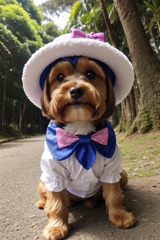 Cute dog wearing cute princess dress, Boca aberta, Yorkshire Terrier breed dog, Maltese, fofos posando para uma foto usando roupas fofas, luxurious hat, ties, bandanas, vestido, Cores fofas, children's clothing colors for dogs. low angle view, eye level shot (virilha),Just huge morbid thighs, gordinhas, extremamente grossas;,work-rhyme, melhor qualidade, (vista frontal), (vista da minhoca'olhos), perspectiva do olho do minhoca, low angle